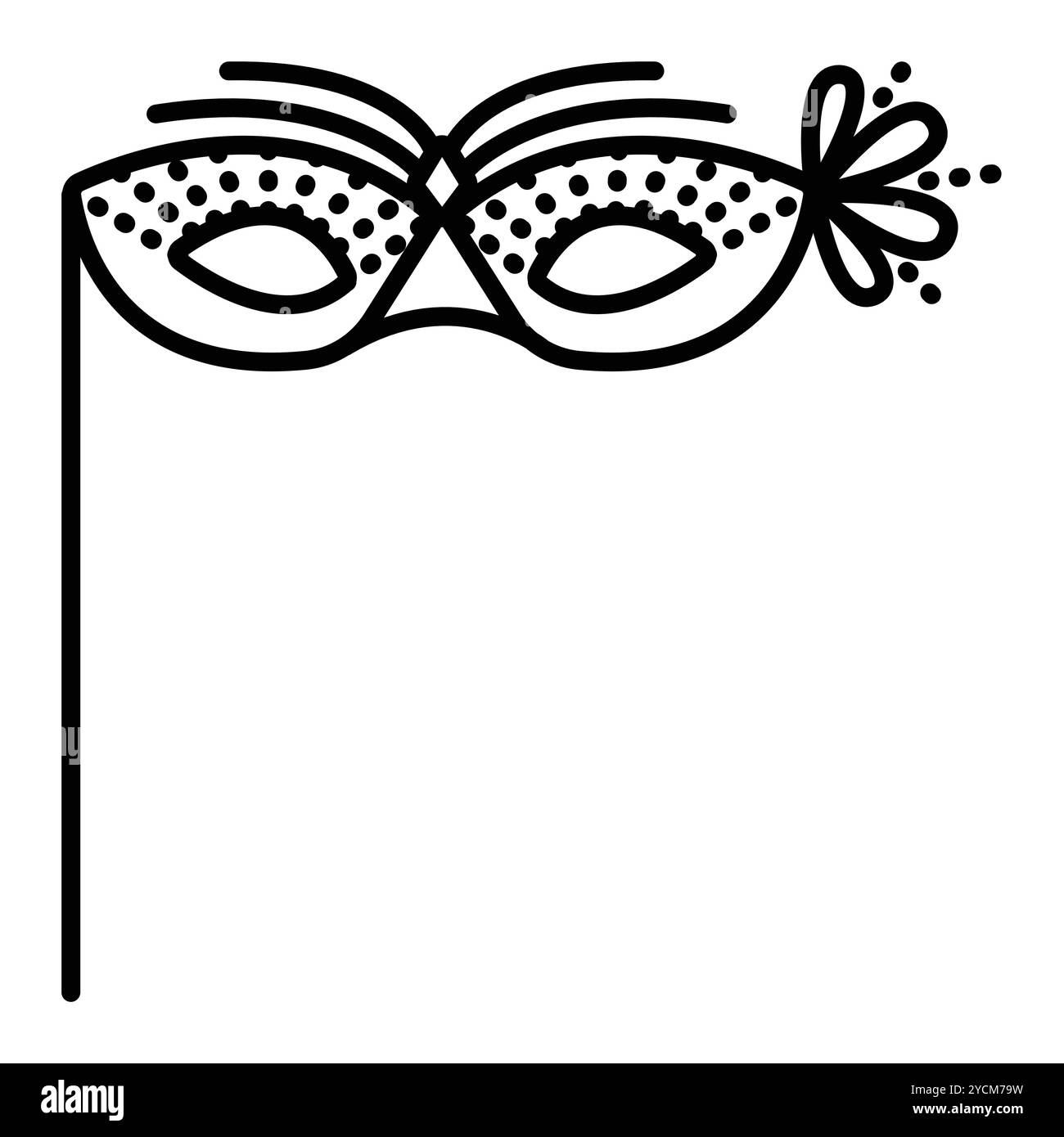 Masque de mascarade avec un bâton, plumes, points et fleur, illustration vectorielle de ligne noire, trait éditable Illustration de Vecteur