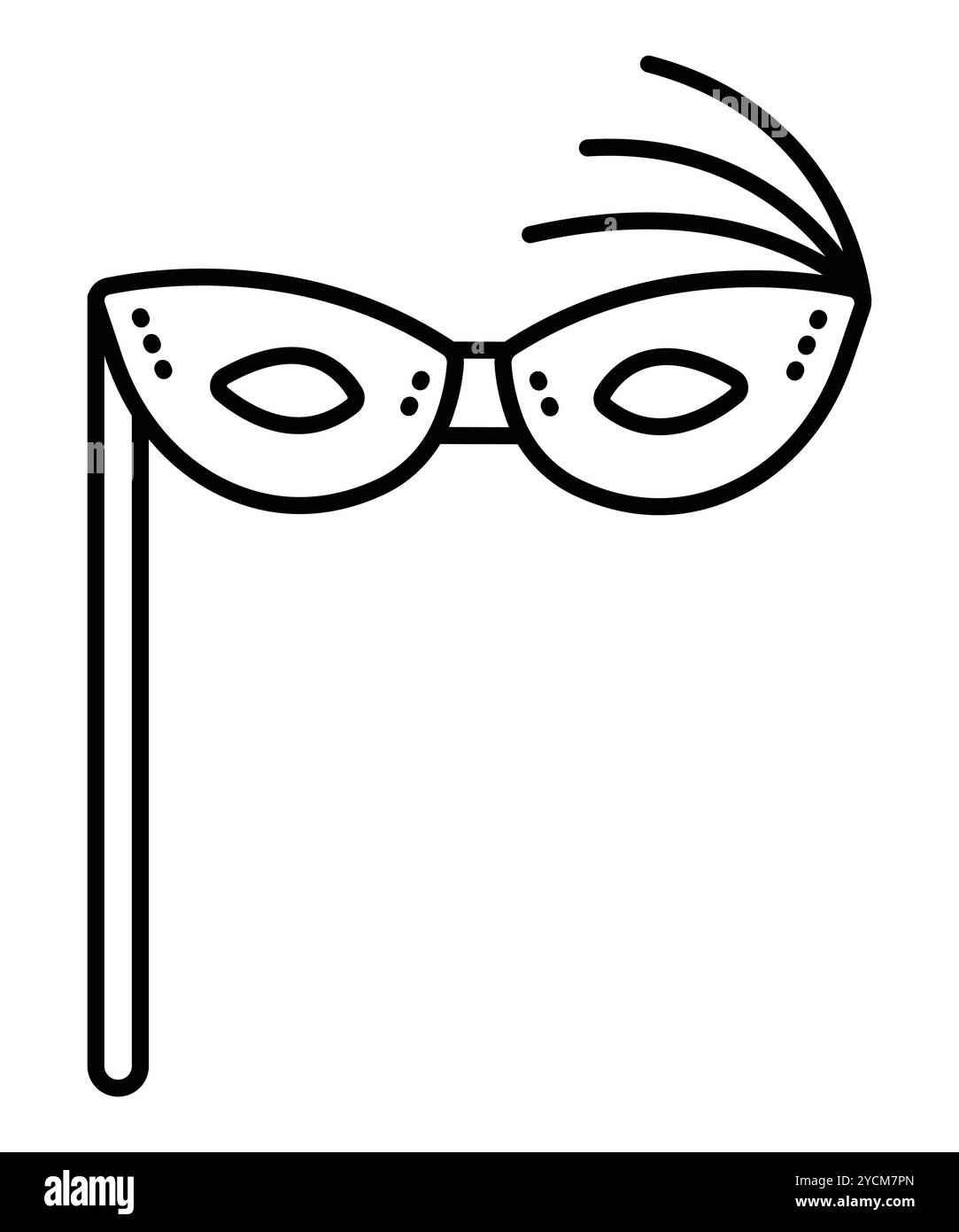 Masque de mascarade simple avec un bâton et des plumes, icône de ligne noire vectorielle, trait éditable, illustration parfaite de pixel Illustration de Vecteur