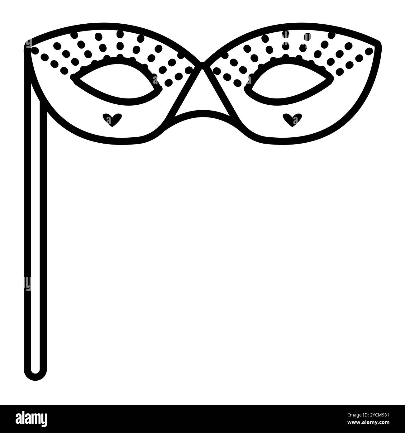Masque de mascarade avec coeurs, points et bâton, icône de ligne noire vectorielle, trait éditable, illustration parfaite de pixel Illustration de Vecteur