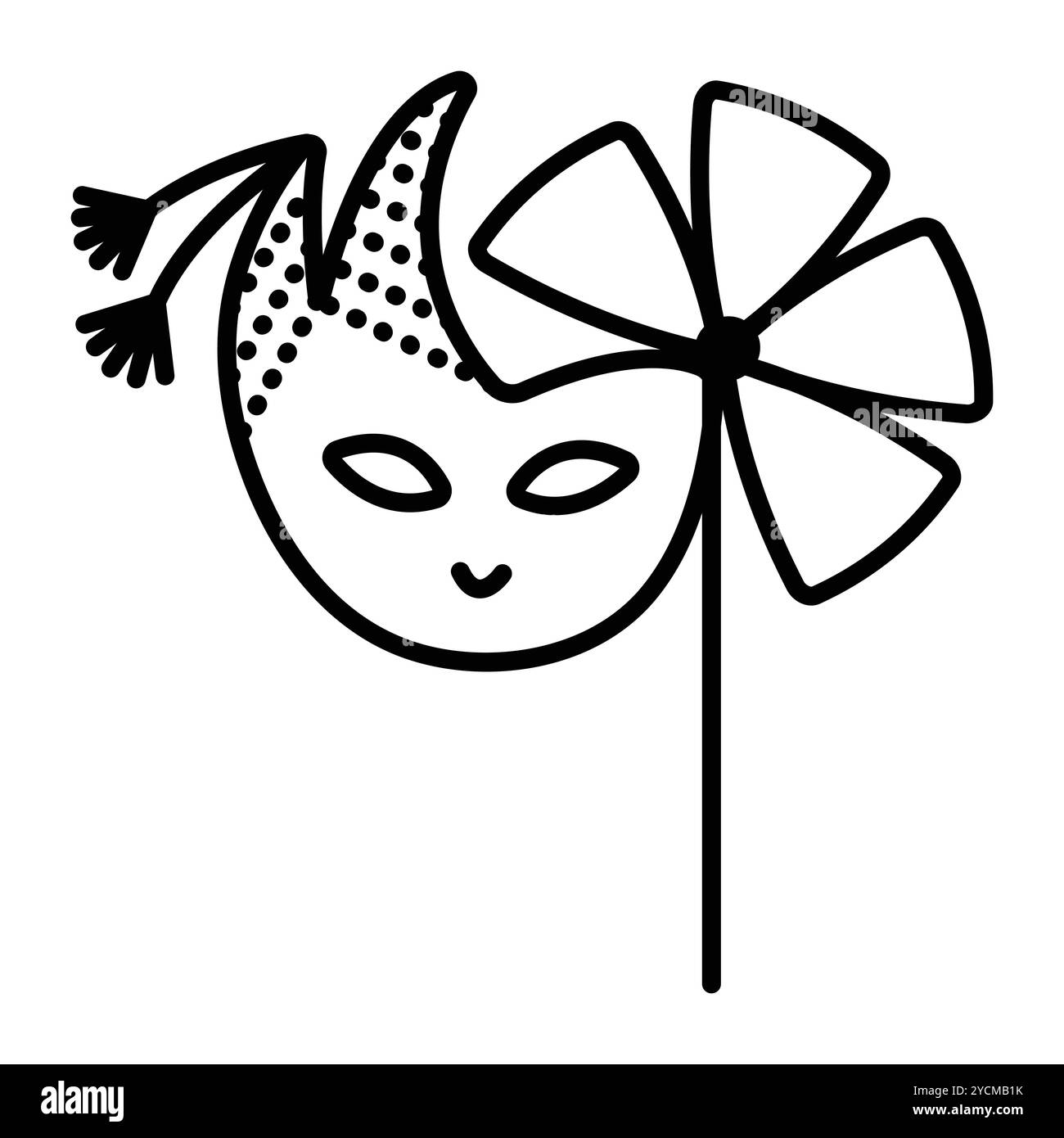 Masque de mascarade japonais festif avec un bâton, un parapluie et des pompons, illustration de ligne noire de carnaval Illustration de Vecteur