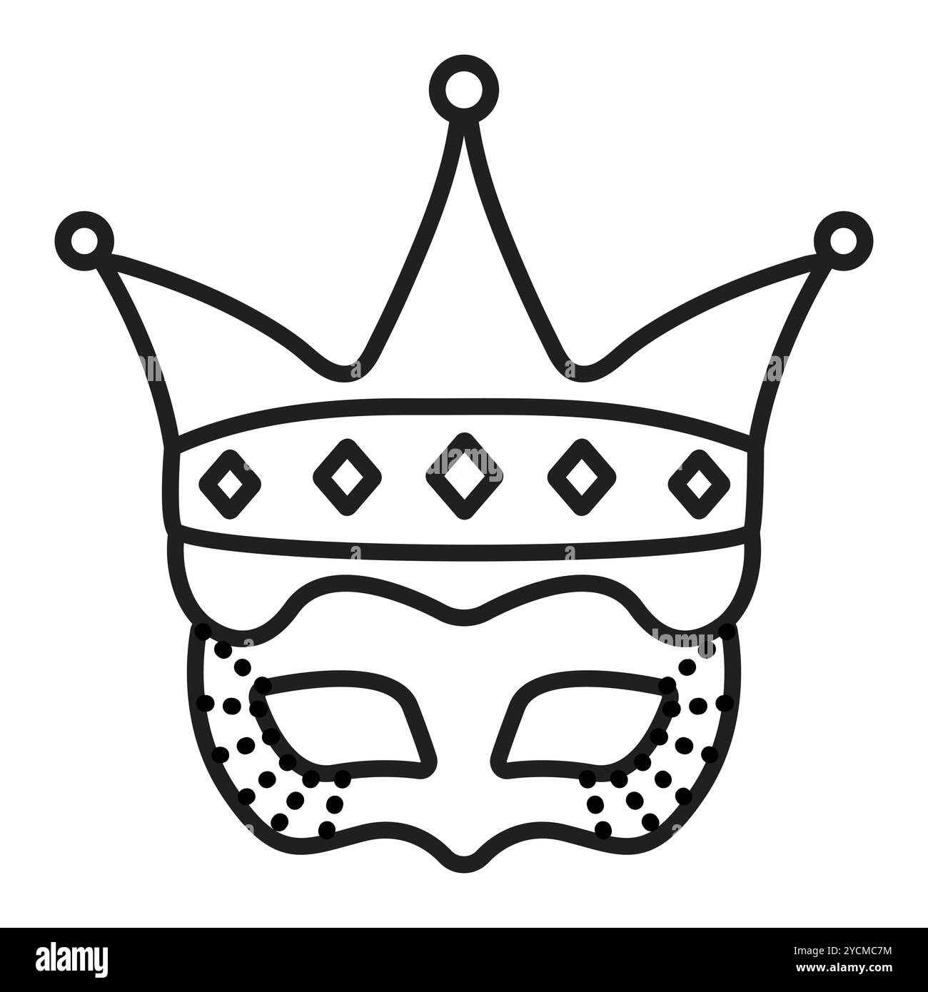 Masque de mascarade Reine et roi avec une couronne, prince et princesse partie costume, icône de ligne noire de vecteur unique Illustration de Vecteur