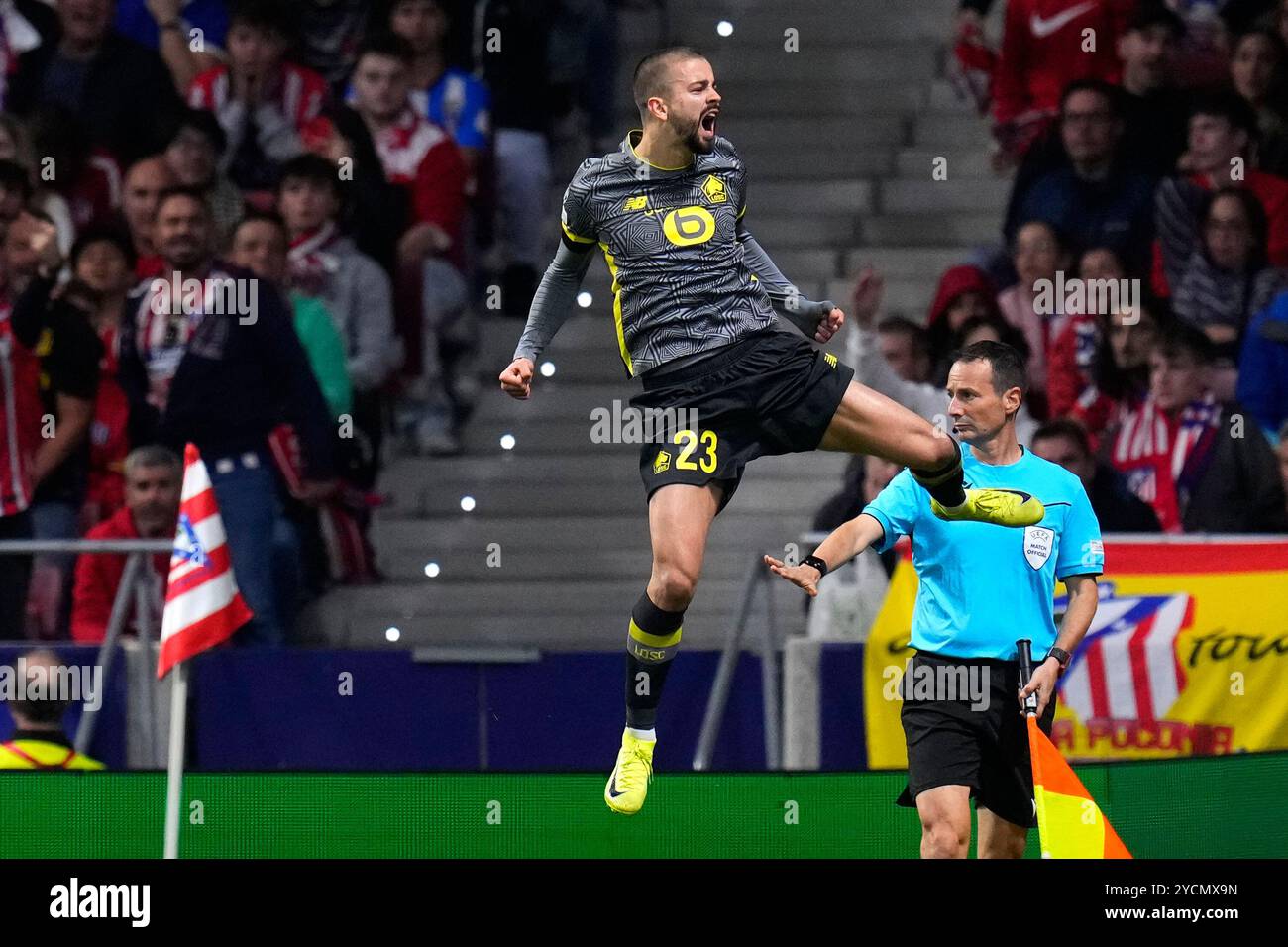 Lille's Edon Zhegrova celebrates after scoring his sides first goal during the Champions League opening phase soccer match between Atletico Madrid and Lille at the Metropolitano stadium in Madrid, Spain, Wednesday, Oct. 23, 2024. (AP Photo/Manu Fernandez) Banque D'Images