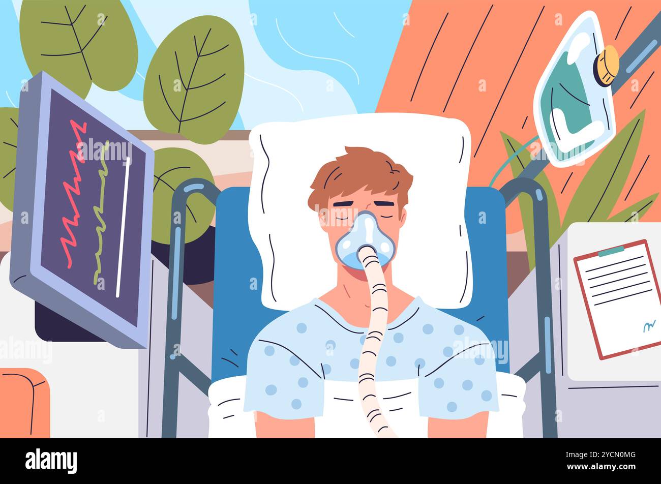 Homme dans un lit d'hôpital. Patient en anesthésie ou coma inconscient sur la table d'opération, pacient hospitalisé avec transfusion sanguine de masque de ventilateur d'oxygène, illustration vectorielle classe illustration original Illustration de Vecteur
