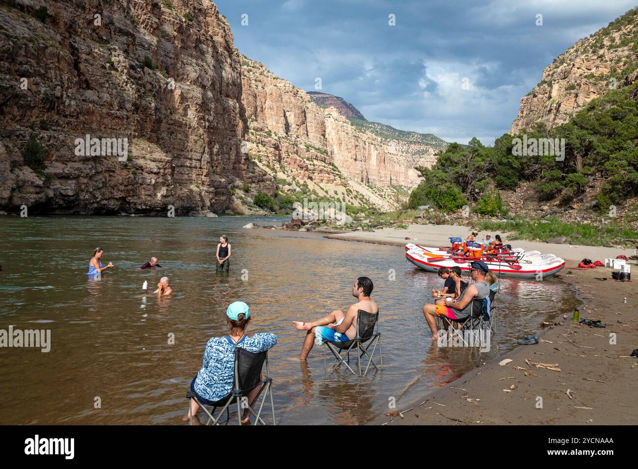 Dinosaur, Colorado - les chevrons de rivière sur la rivière verte dans le Dinosaur National Monument se détendent dans la rivière dans leur camping du soir. Banque D'Images