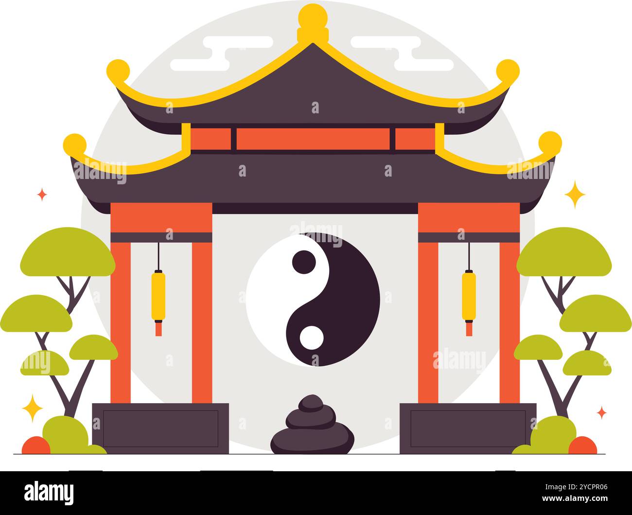 Philosophie orientale du Feng Shui illustration vectorielle mettant en vedette des pierres et des plantes pour l'énergie positive des cinq éléments et l'équilibre du Yin Yang Illustration de Vecteur