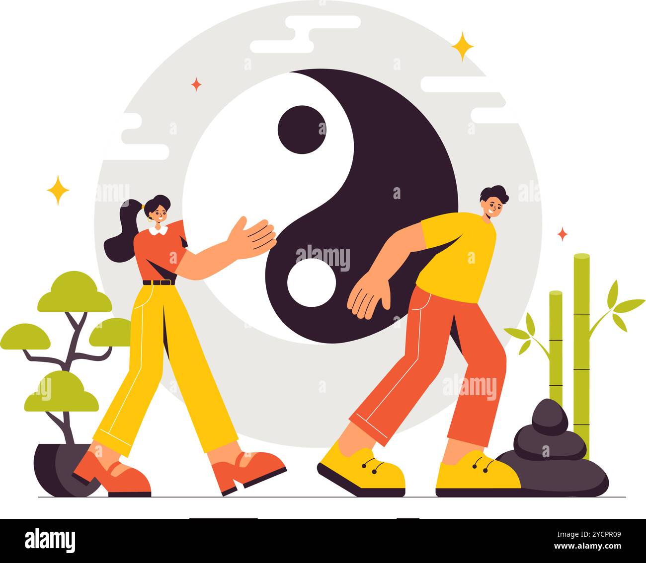 Philosophie orientale du Feng Shui illustration vectorielle mettant en vedette des pierres et des plantes pour l'énergie positive des cinq éléments et l'équilibre du Yin Yang Illustration de Vecteur