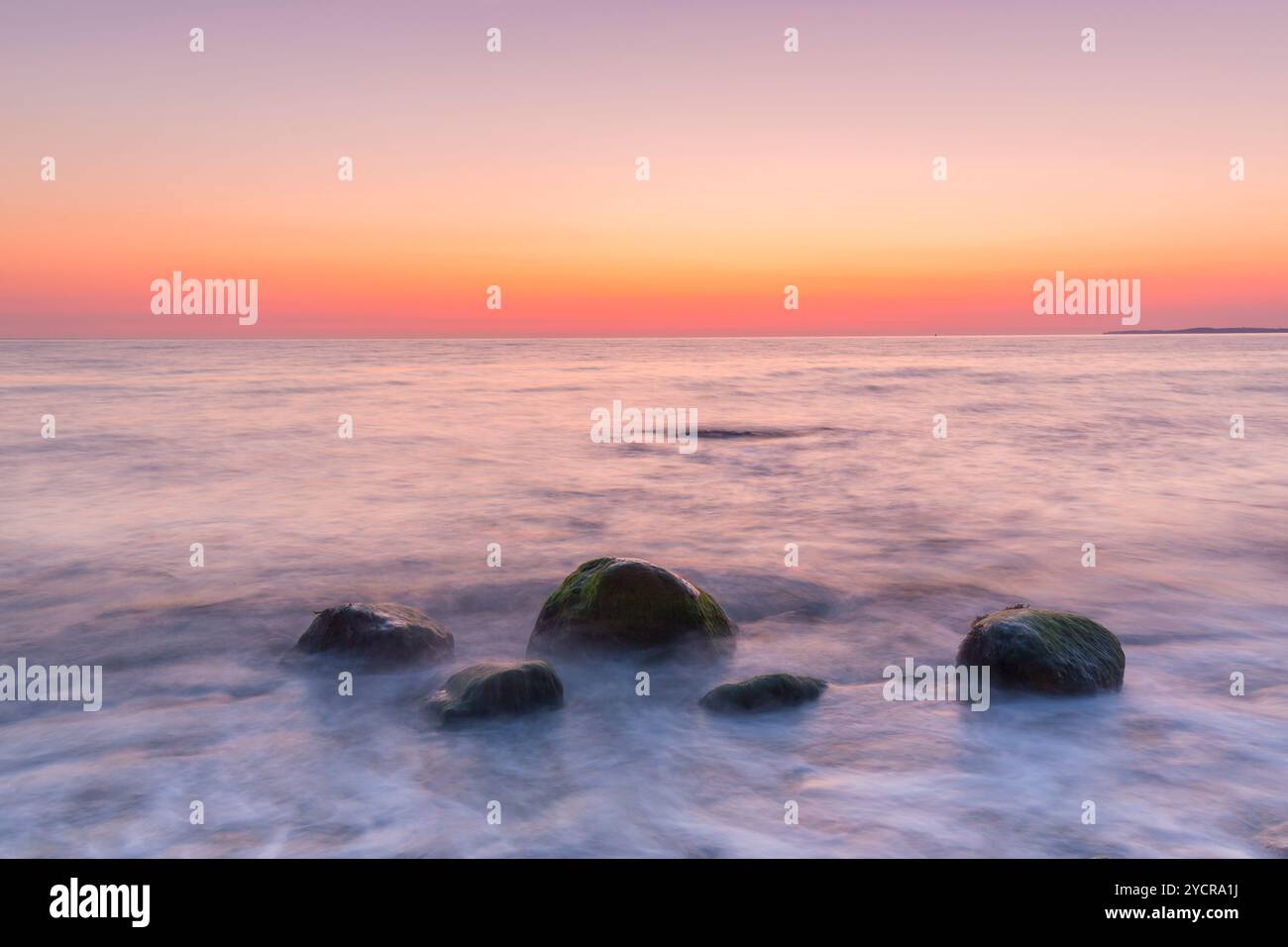 Pierres au lever du soleil sur le Brodtener Steilufer sur la mer Baltique, Schleswig-Holstein, Allemagne Banque D'Images