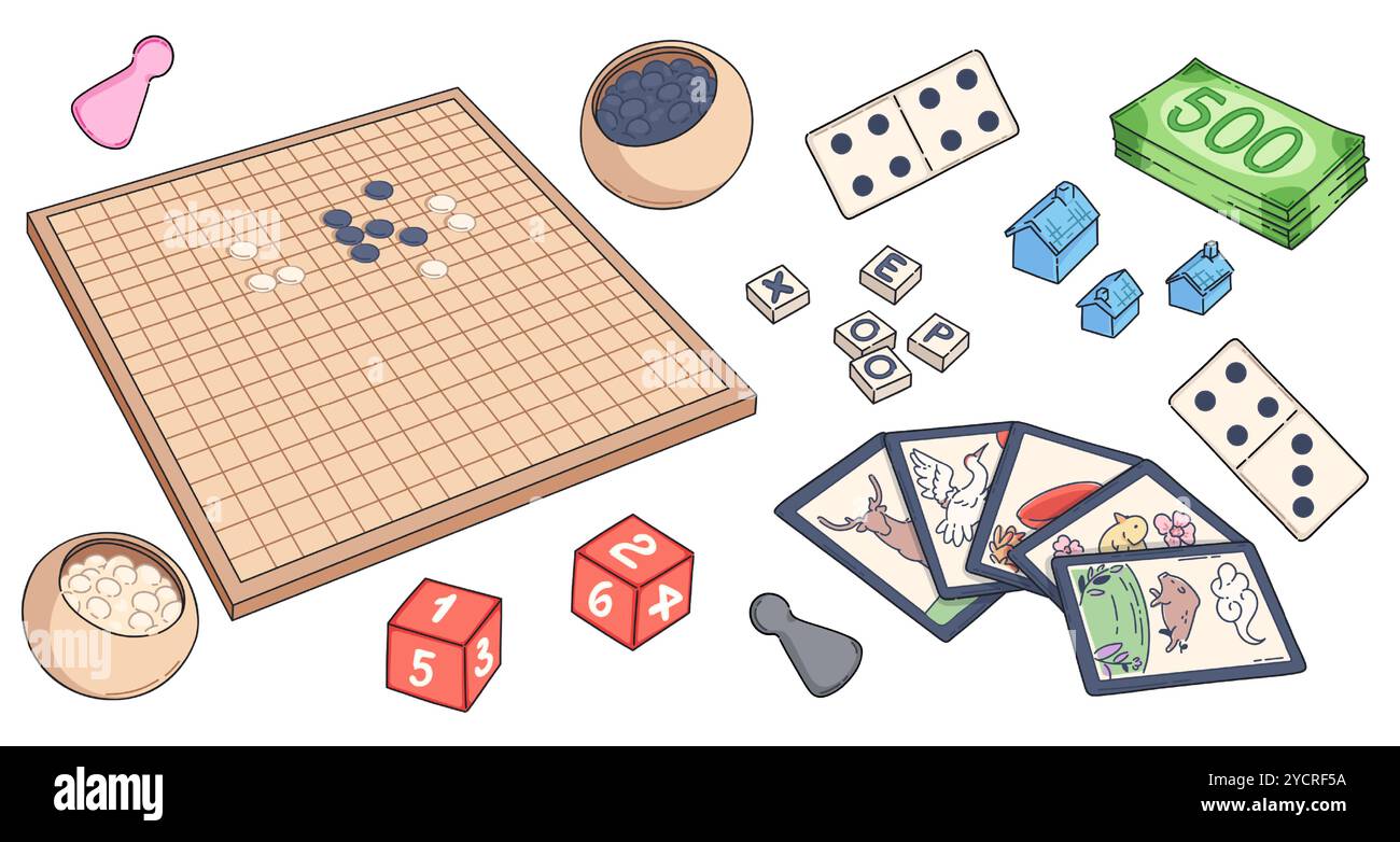 Jeu de société pour la famille et les enfants de loisirs et de conception récréative. Ensemble d'illustration vectorielle de dessin animé de différents éléments de jeu de société - carte à carreaux avec des jetons, des dés et des cartes, des pièces de domino et des figures. Illustration de Vecteur
