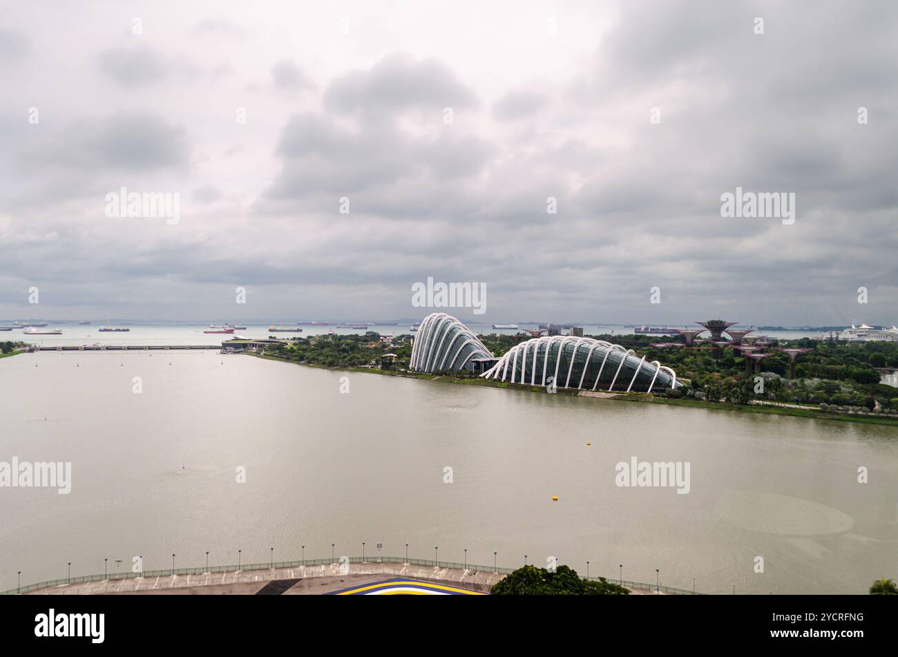 Vue aérienne du Cloud Forest Flower Dome à Gardens by the Bay, Singapour. Banque D'Images