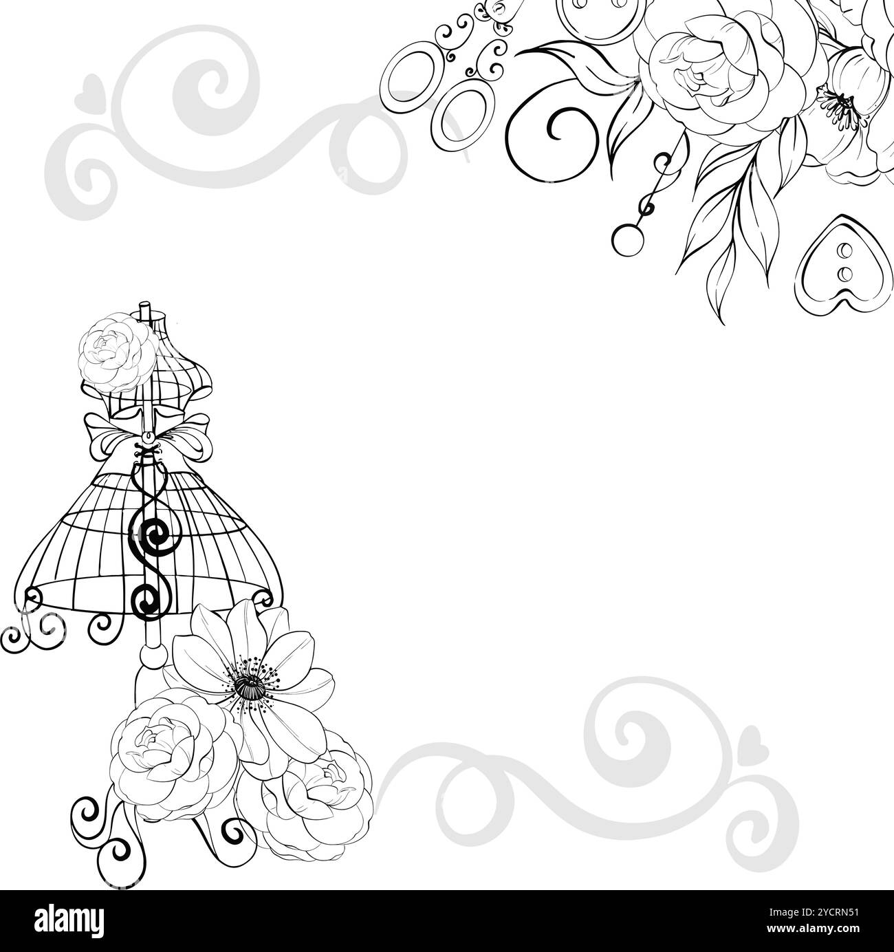 Mannequin vintage avec arrangement floral - roses et anémone, modèle, fond. Vieux façonné, cadre de couturière, fond. Romantique et Illustration de Vecteur