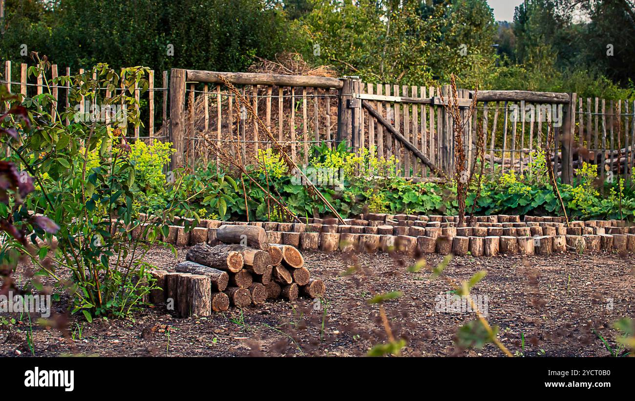 'Une scène de jardin rustique avec du bois de chauffage empilé, des clôtures en bois et des lits de légumes luxuriants, embrassant le charme des matériaux naturels et le jardin durable Banque D'Images