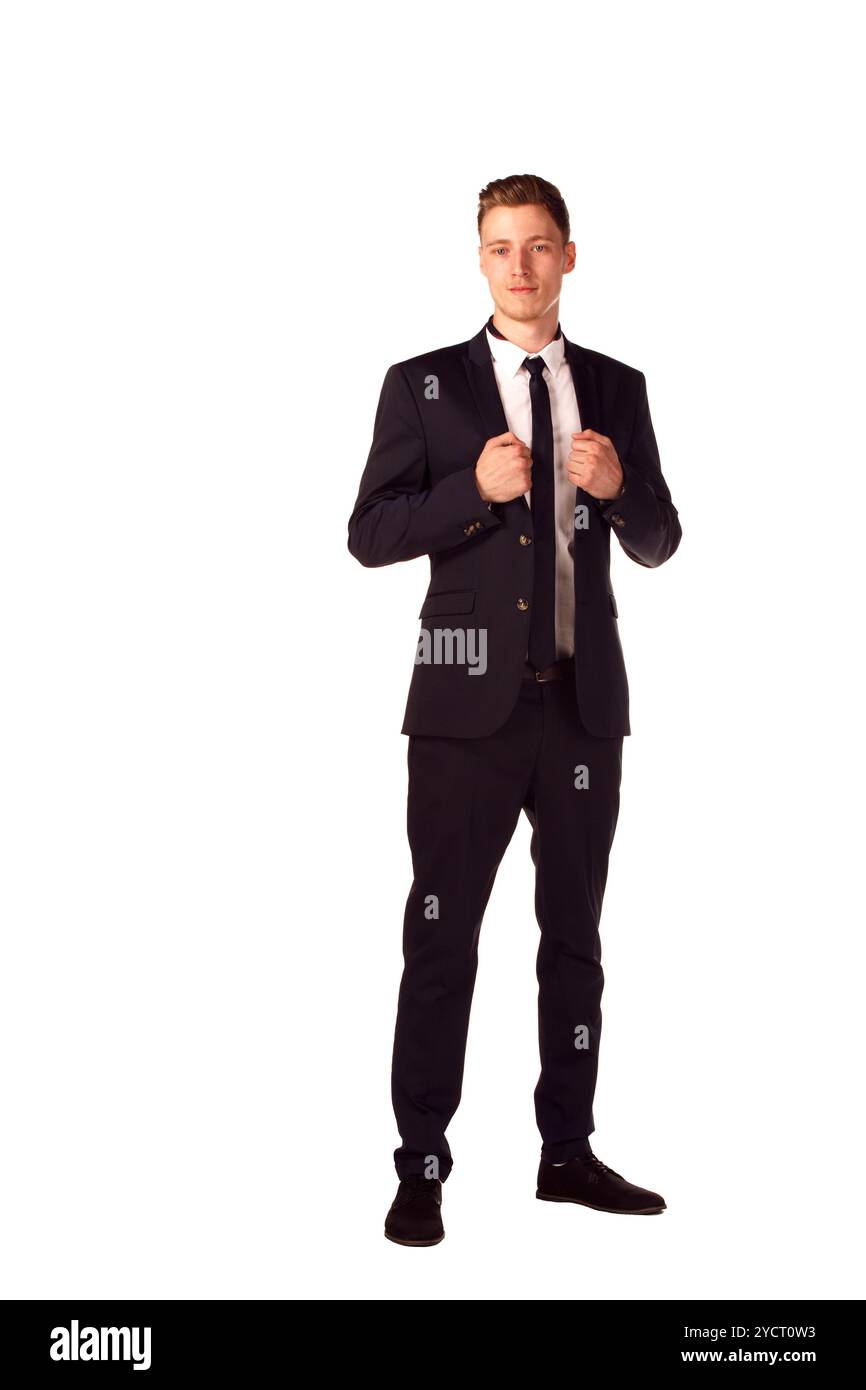 Corps complet portrait of happy smiling business man, isolated on white Banque D'Images