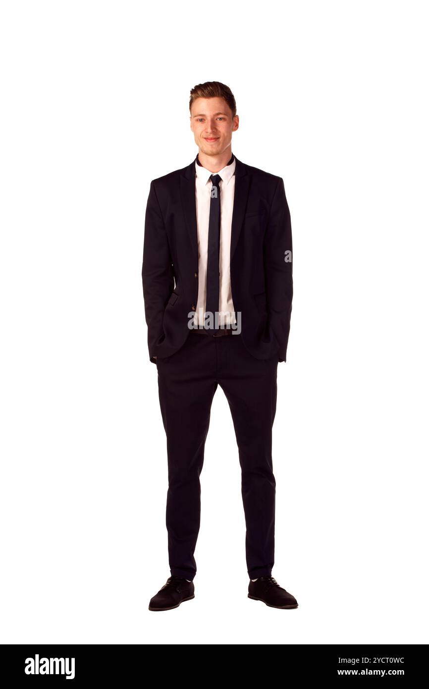 Corps complet portrait of happy smiling business man, isolated on white Banque D'Images