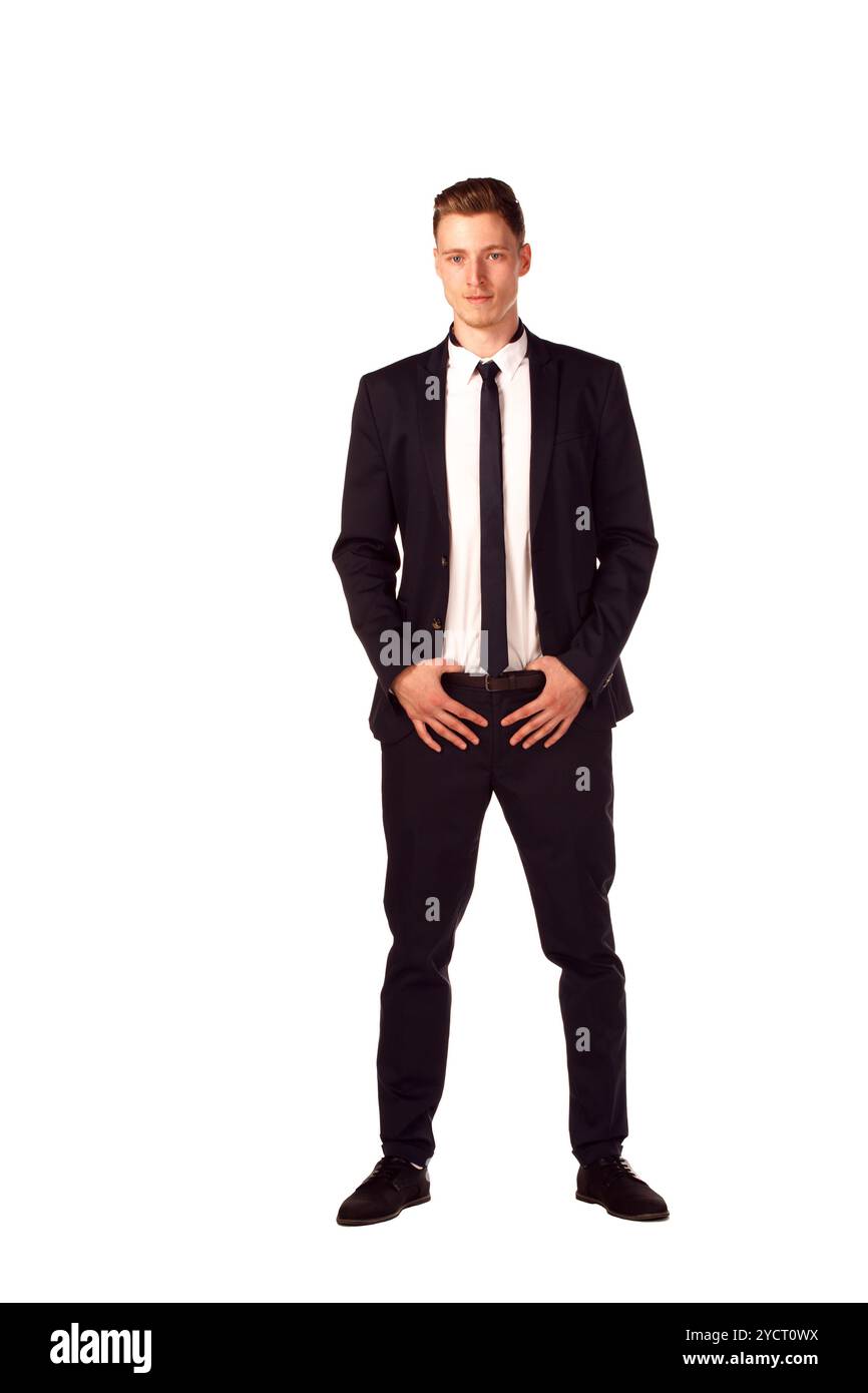 Corps complet portrait of happy smiling business man, isolated on white Banque D'Images
