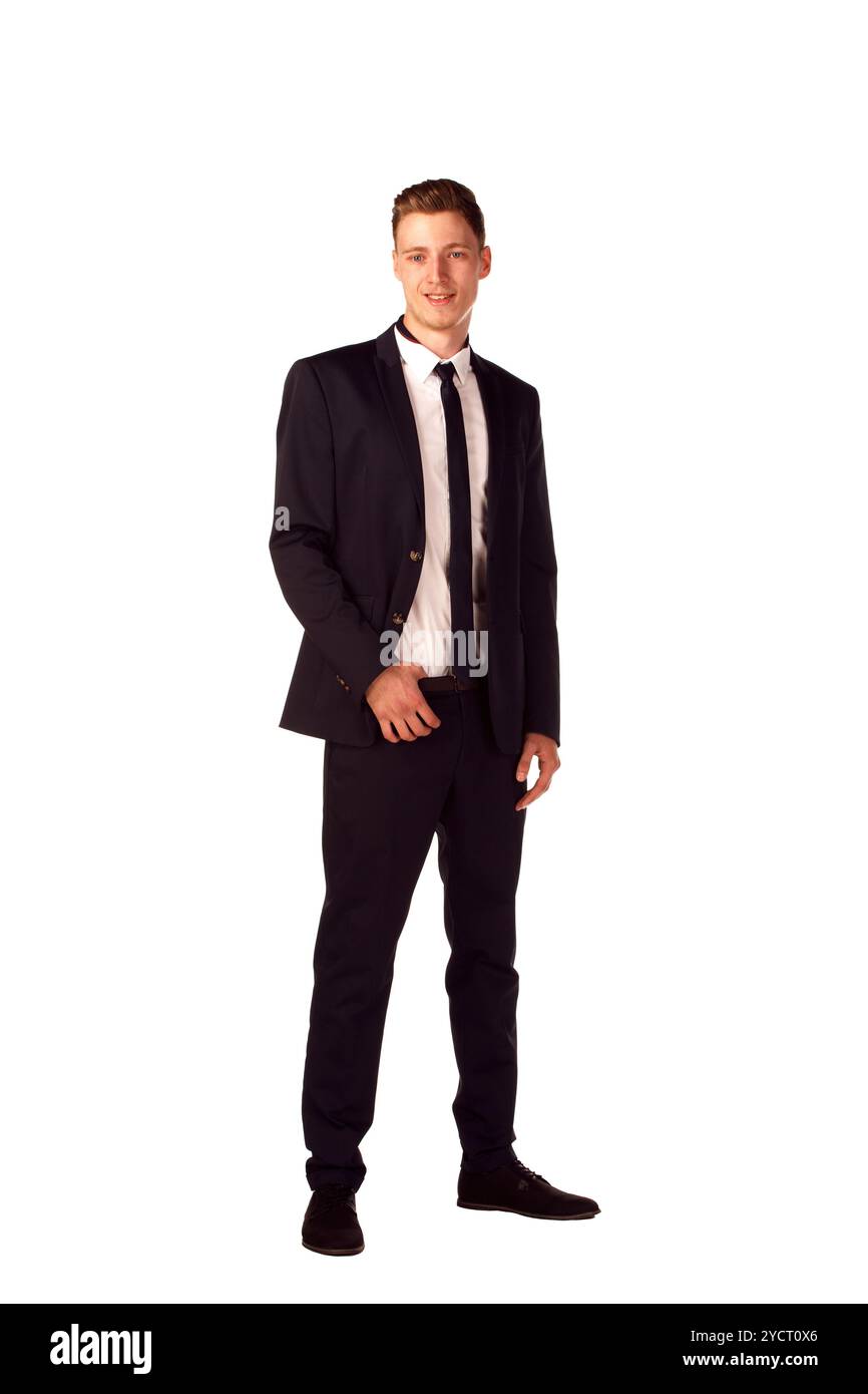 Corps complet portrait of happy smiling business man, isolated on white Banque D'Images
