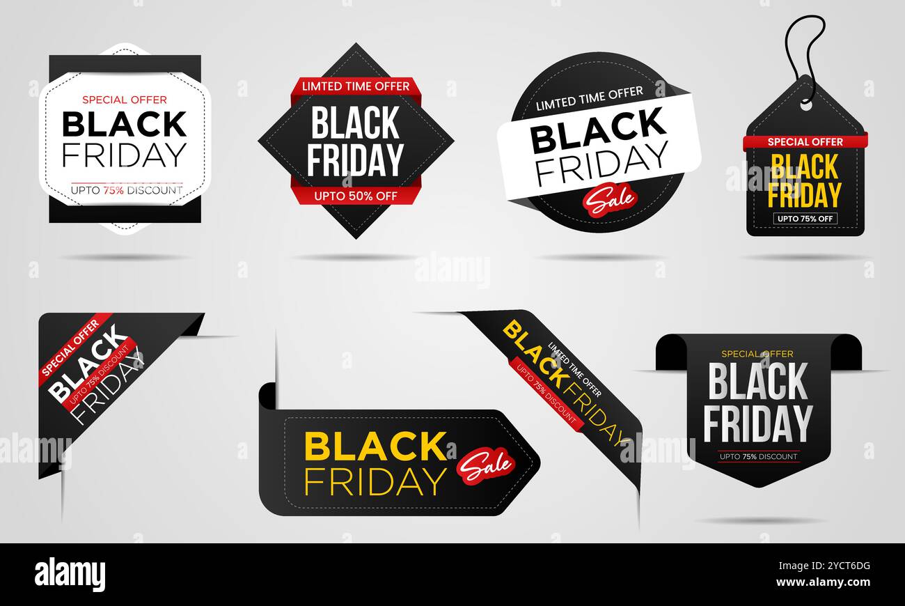 Bannière de vente vendredi noir, étiquette, étiquettes, autocollant, badge, ruban, set collection. Étiquette de prix pour la vente du vendredi fou. Concevez un modèle pour le Black Friday. Illustration de Vecteur