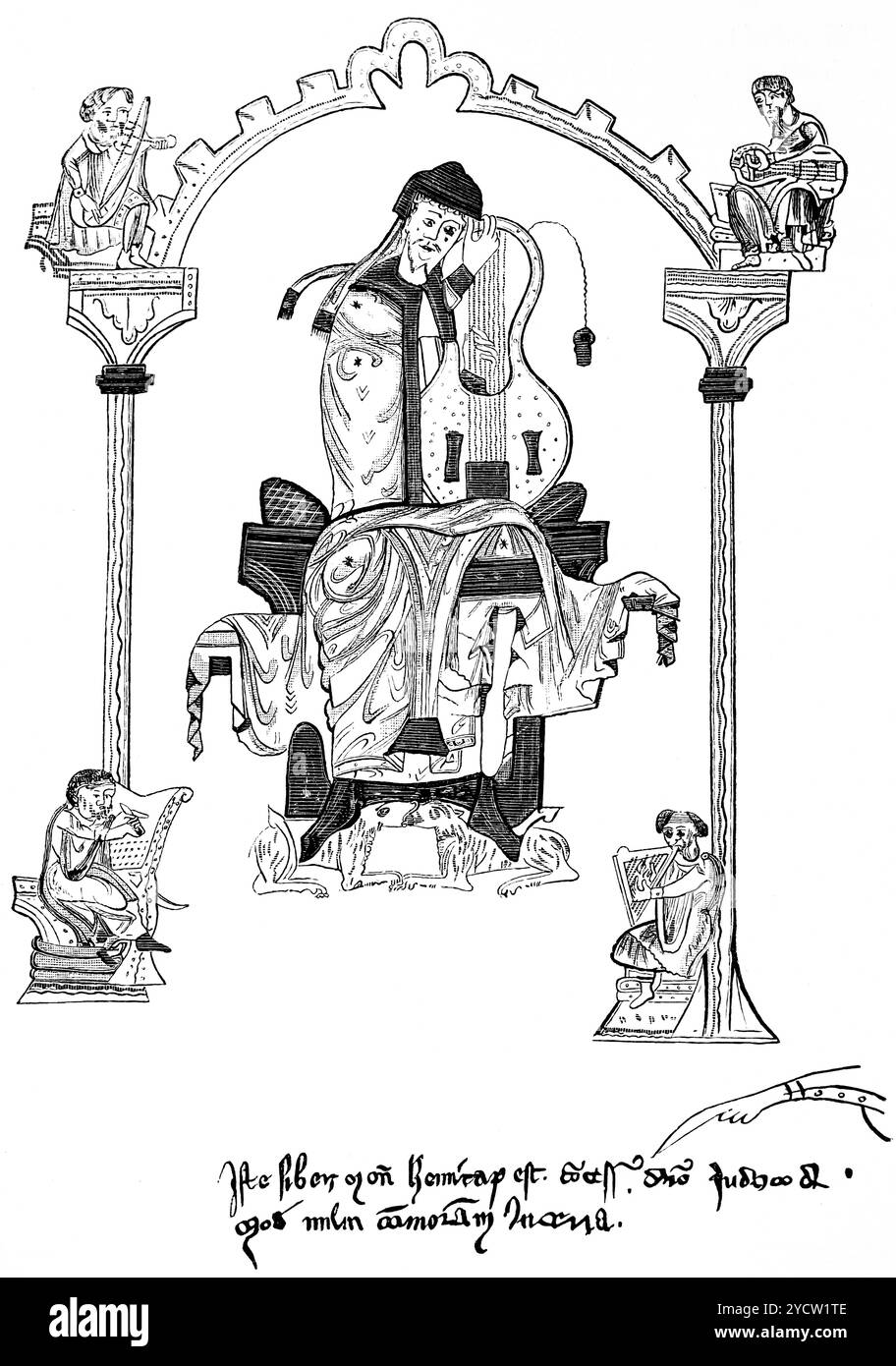Dessin dans le livre de psaumes du psalmiste Notker montrant le roi David sur son trône jouant la teitonica Cythara, histoire de la musique allemande, illsutration 1892 Banque D'Images