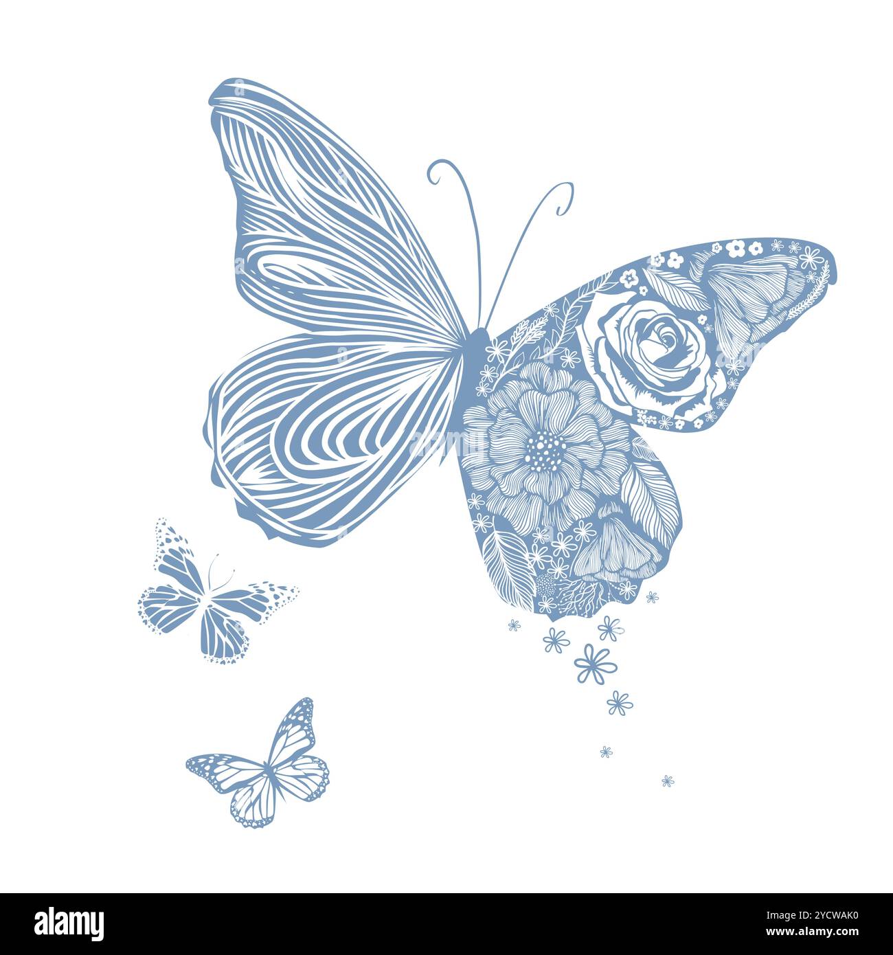 Papillon de fleurs monochrome. dessin à la main. Pas IA. Illustration vectorielle Illustration de Vecteur