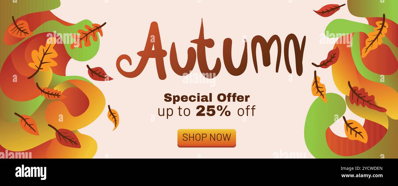 Élégante bannière de vente d'automne avec des formes liquides et des feuilles d'automne. concept d'offre spéciale d'automne avec vecteur de modèle de bannière abstrait illus Illustration de Vecteur