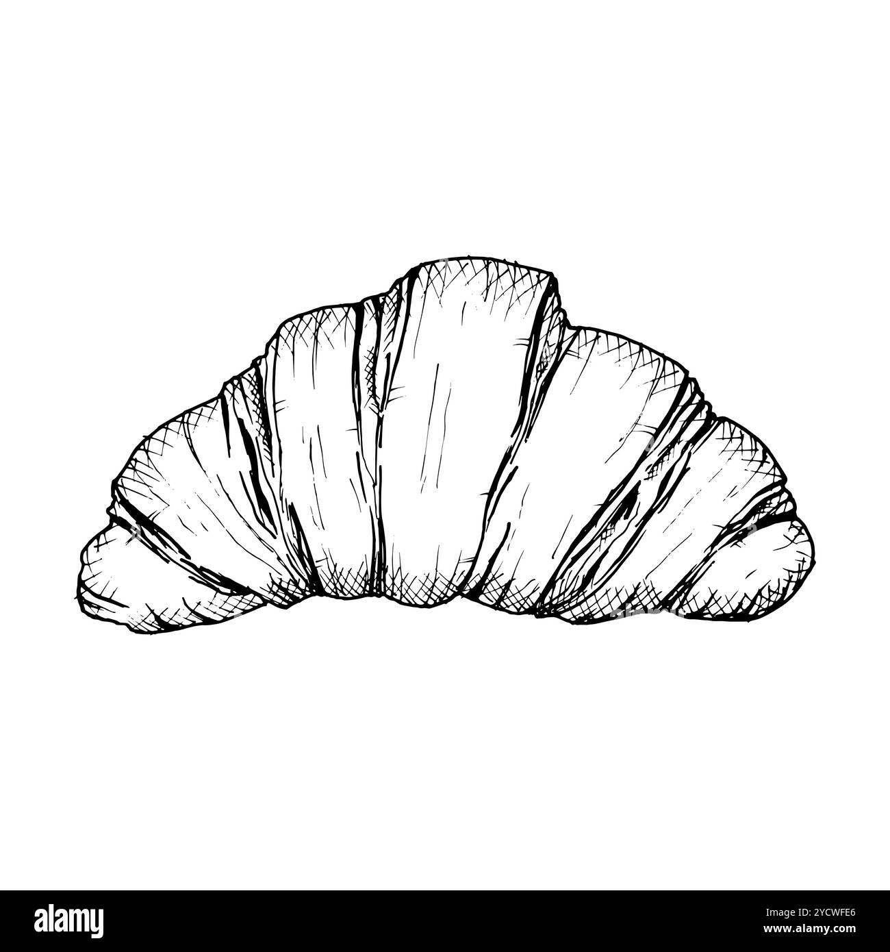Croquis détaillé dessiné à la main d'un croissant. Illustration vectorielle en noir et blanc d'une pâtisserie française feuilletée en couches. Parfait pour la boulangerie, le petit déjeuner, ou Illustration de Vecteur