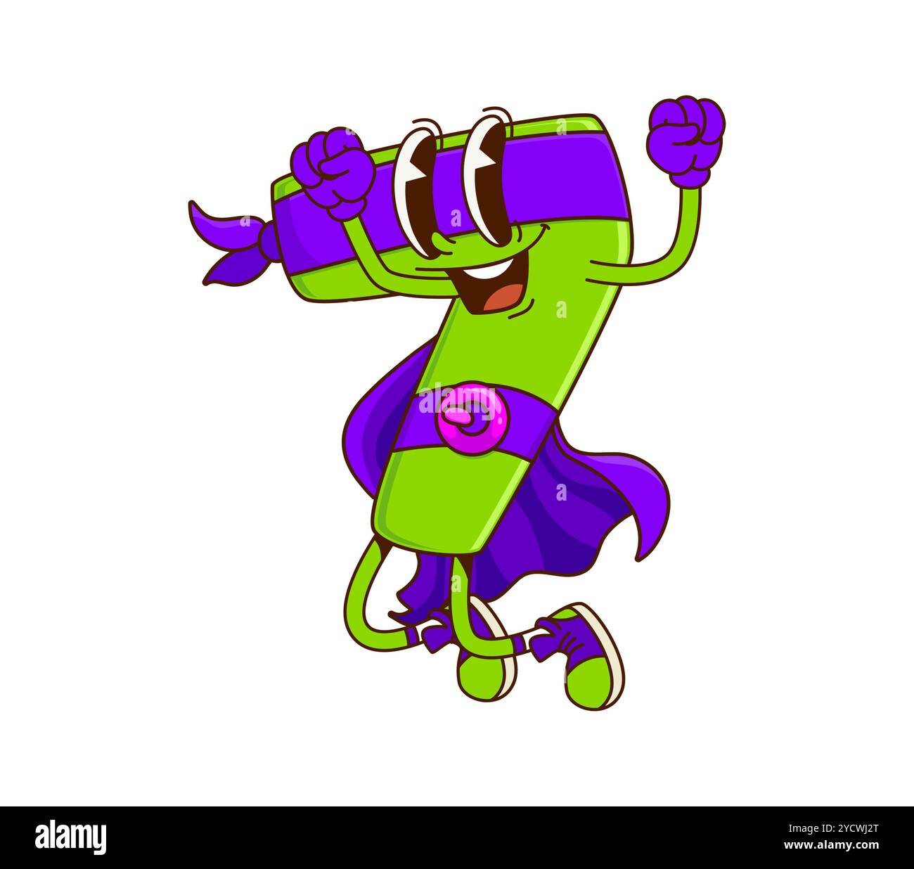 Dessin animé groovy maths numéro sept personnage de super-héros. Figurine 7 joueuse vectorielle isolée portant une tenue de défenseur emblématique sautant joyeusement. Mathématiques numérique super héros personnage avec sourire joyeux Illustration de Vecteur