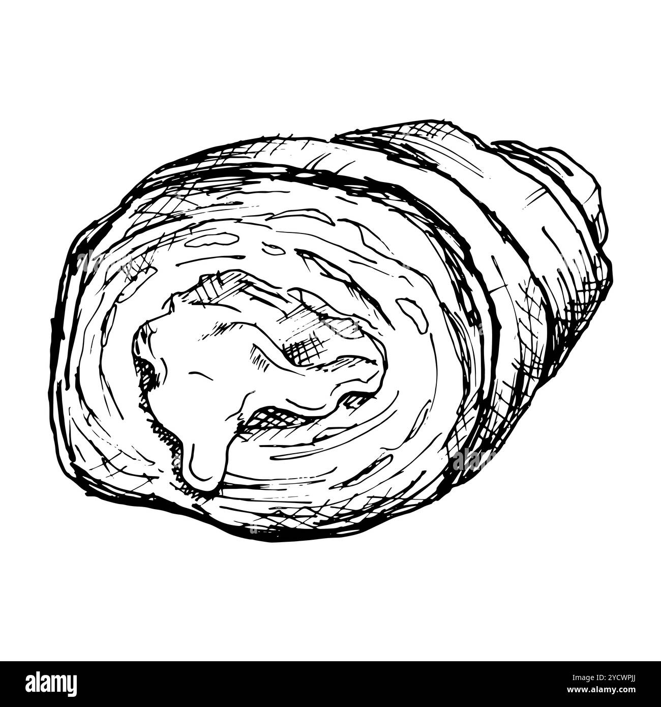 Une illustration dessinée à la main d'une tranche de croissant, mettant en valeur les couches de la pâte. Croquis vectoriel noir et blanc, idéal pour la boulangerie, la conception alimentaire, et Illustration de Vecteur