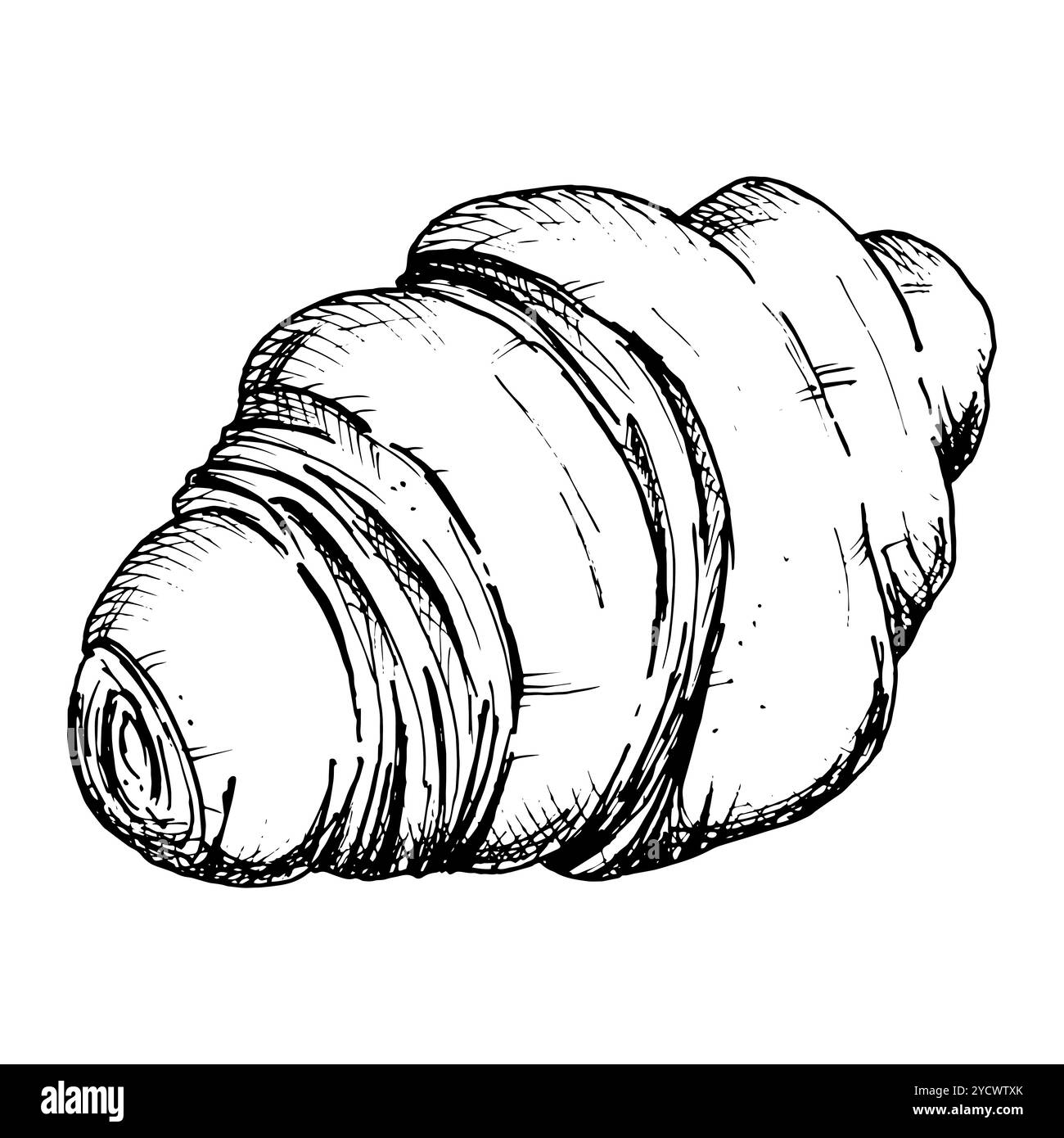 Croquis détaillé dessiné à la main d'un croissant. Illustration vectorielle en noir et blanc d'une pâtisserie française feuilletée en couches. Parfait pour la boulangerie, le petit déjeuner, ou Illustration de Vecteur