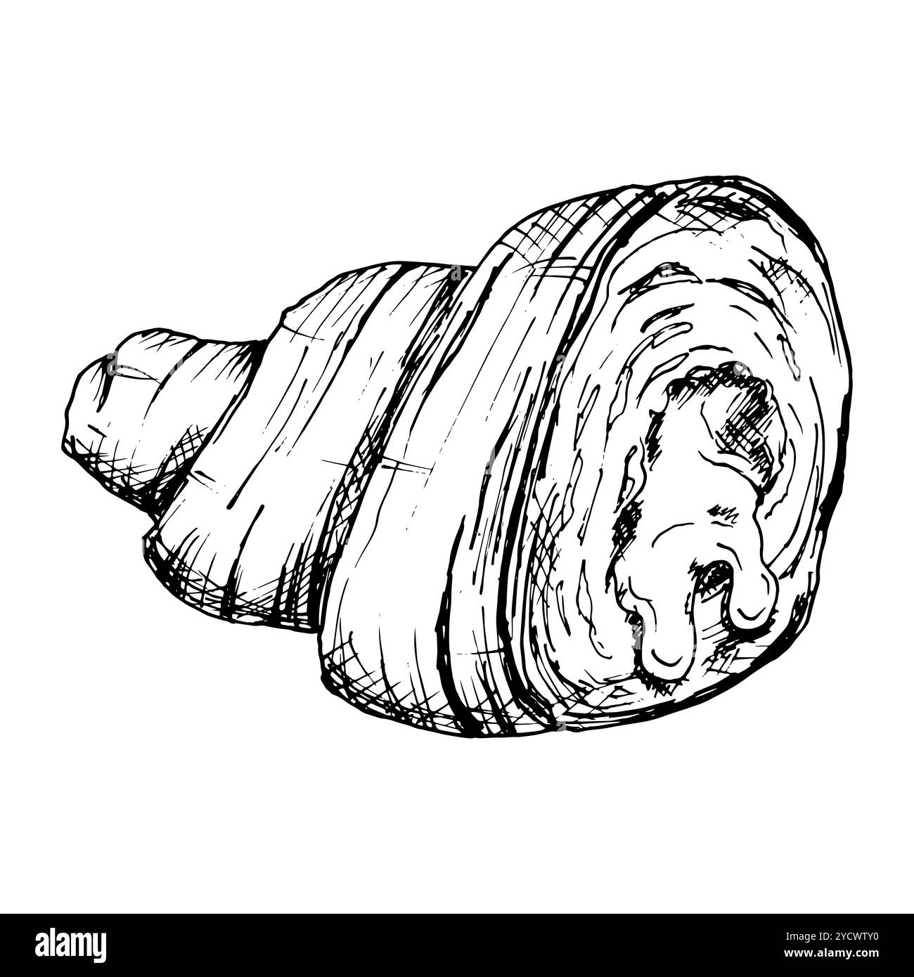 Illustration vectorielle en noir et blanc dessinée à la main des couches intérieures et remplissage d'un croissant. Croquis montrant la texture laminée et superposée du français Illustration de Vecteur