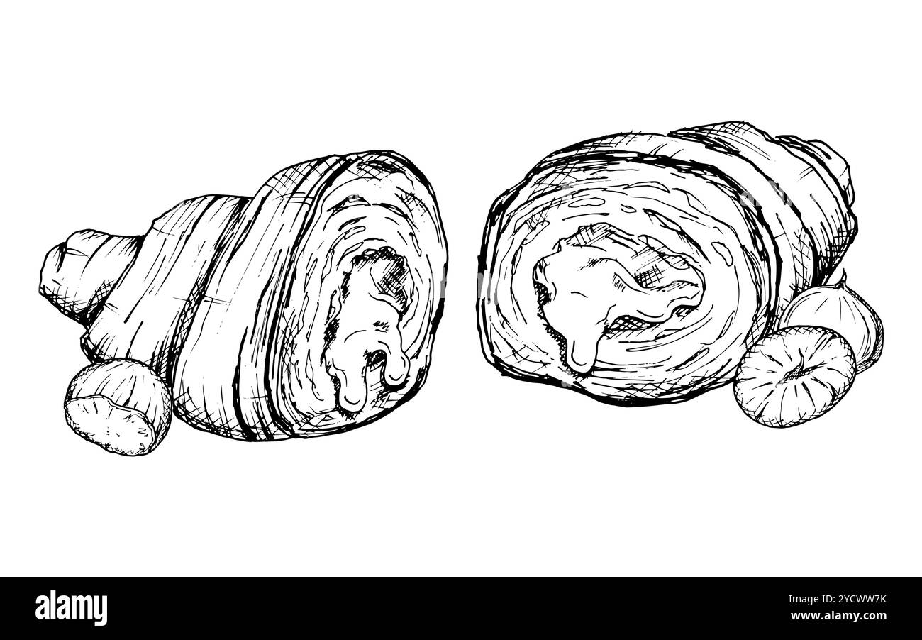 Une illustration vectorielle détaillée dessinée à la main d'un croissant coupé en deux avec des noisettes. Croquis noir et blanc montrant les couches feuilletées de la pâte et Illustration de Vecteur