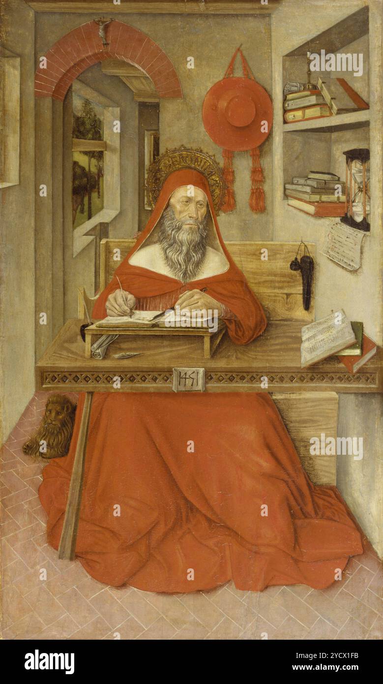 Saint Jérôme dans son étude, 1451, par Antonio da Fabriano II, montre des instruments d'écriture, des rouleaux et des manuscrits témoignant des activités savantes de Jérôme.[16] le Walters Art Museum. Banque D'Images