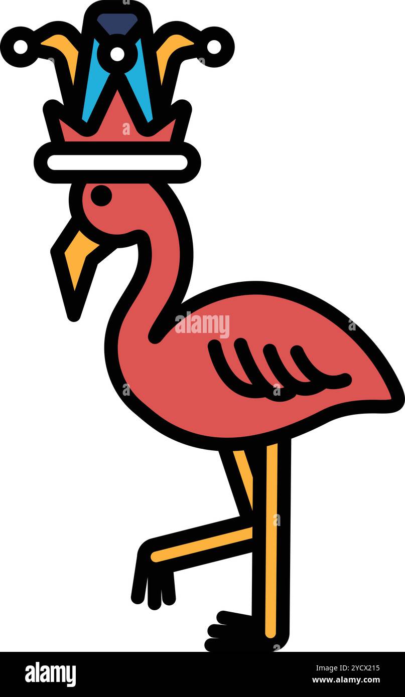 Dessin de dessin animé d'un flamant rose portant une couronne. Le flamant rose est debout sur une jambe et il est d'humeur ludique Illustration de Vecteur