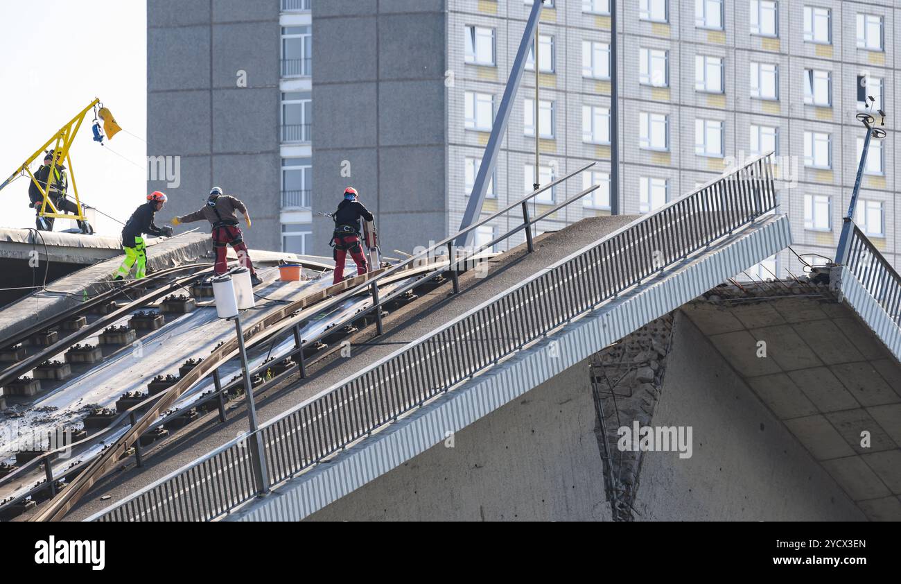 Dresde, Allemagne. 24 octobre 2024. Des experts travaillent sur la travée effondrée du pont Carola. La section ouest du pont avec des voies de tramway, une piste cyclable et un sentier pédestre s'est effondrée dans la nuit du 11 septembre 2024 pour des raisons inconnues. Crédit : Robert Michael/dpa/Alamy Live News Banque D'Images