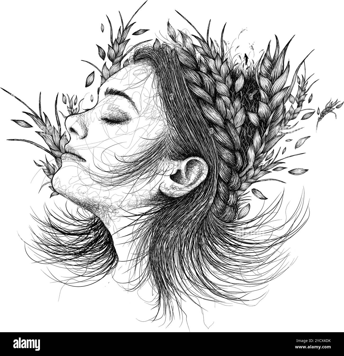 Illustration numérique du temps de récolte. Portrait d'une femme avec des oreilles de cheveux Banque D'Images