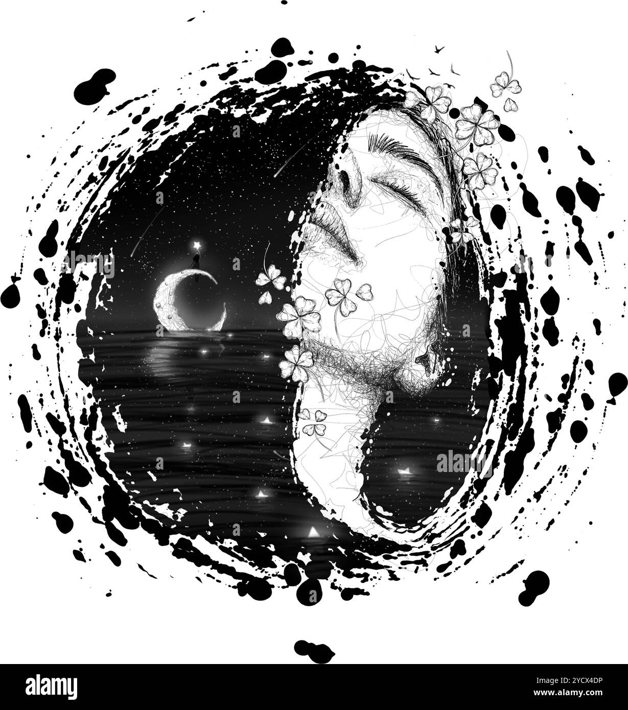 Illustration de femme rêveuse, silhouette d'une femme assise sur la lune dans le paysage tenant une étoile. Banque D'Images