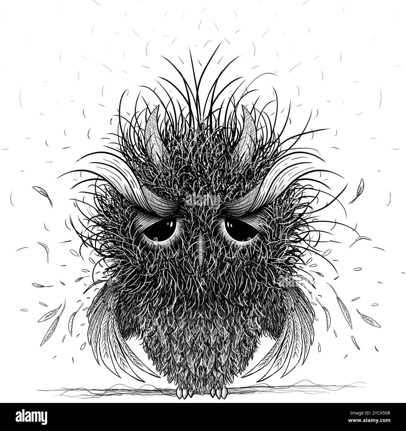 Angry Owl illustration numérique, croquis d'animaux sauvages, faune, conception de personnages d'oiseaux. Banque D'Images
