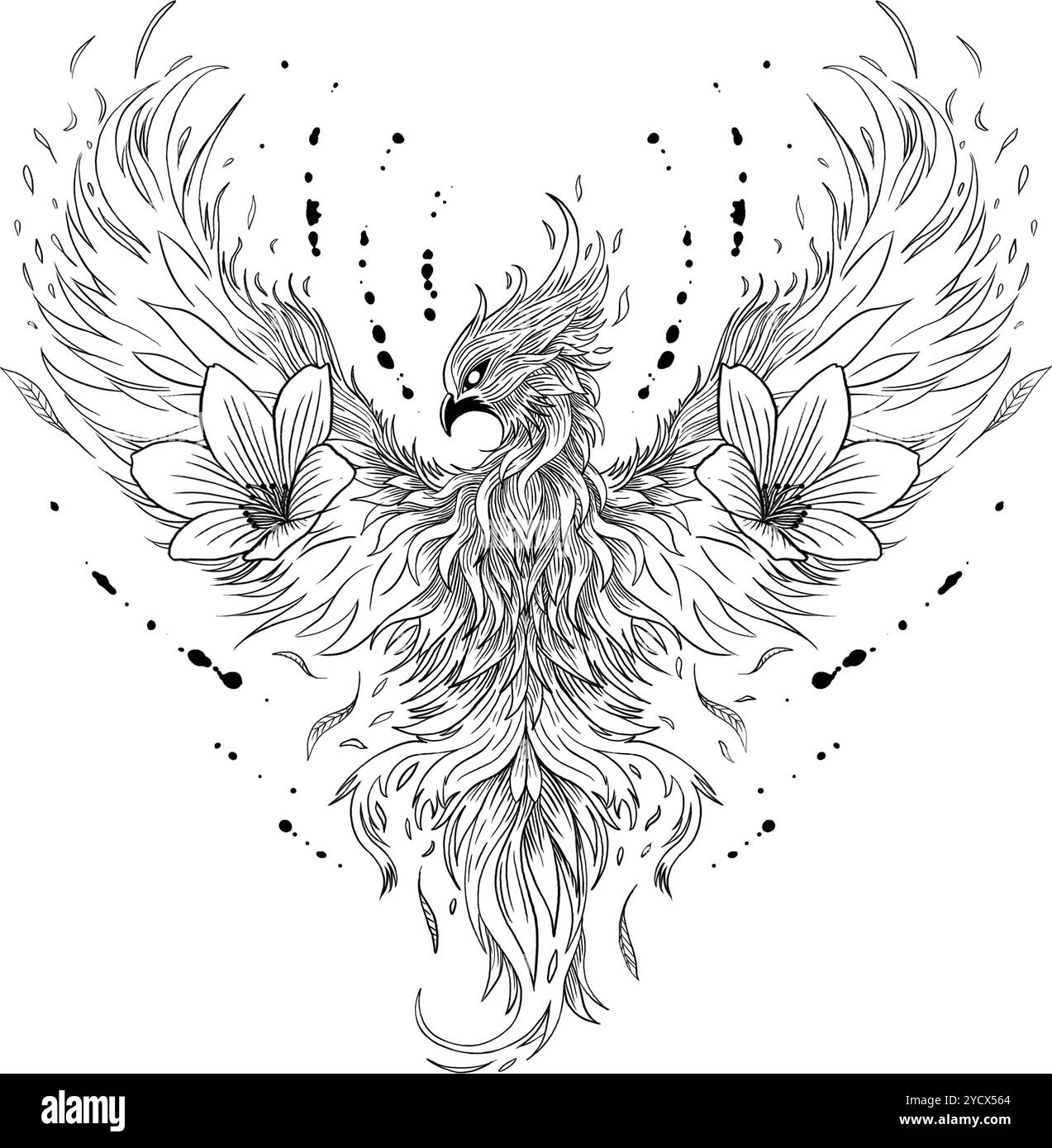 Phoenix illustration dessinée à la main avec des fleurs. Noir Blanc conception mystique Banque D'Images