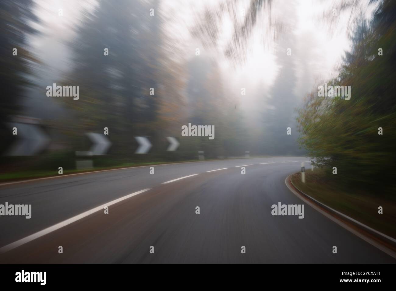 Longue exposition, le matin d'automne flou couvrait une route rurale vide à travers une forêt en Europe. Vue grand angle, visibilité limitée, mauvais temps de conduite Banque D'Images