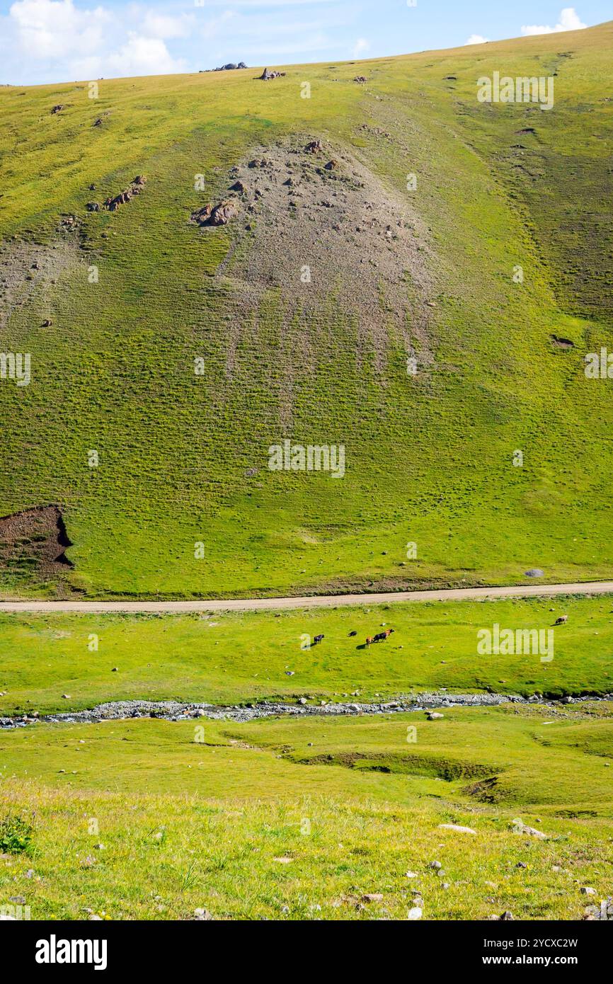 Vallée pittoresque avec route, Song Kul Banque D'Images Vallée pittoresque avec route, Song Kul Banque D'Images
