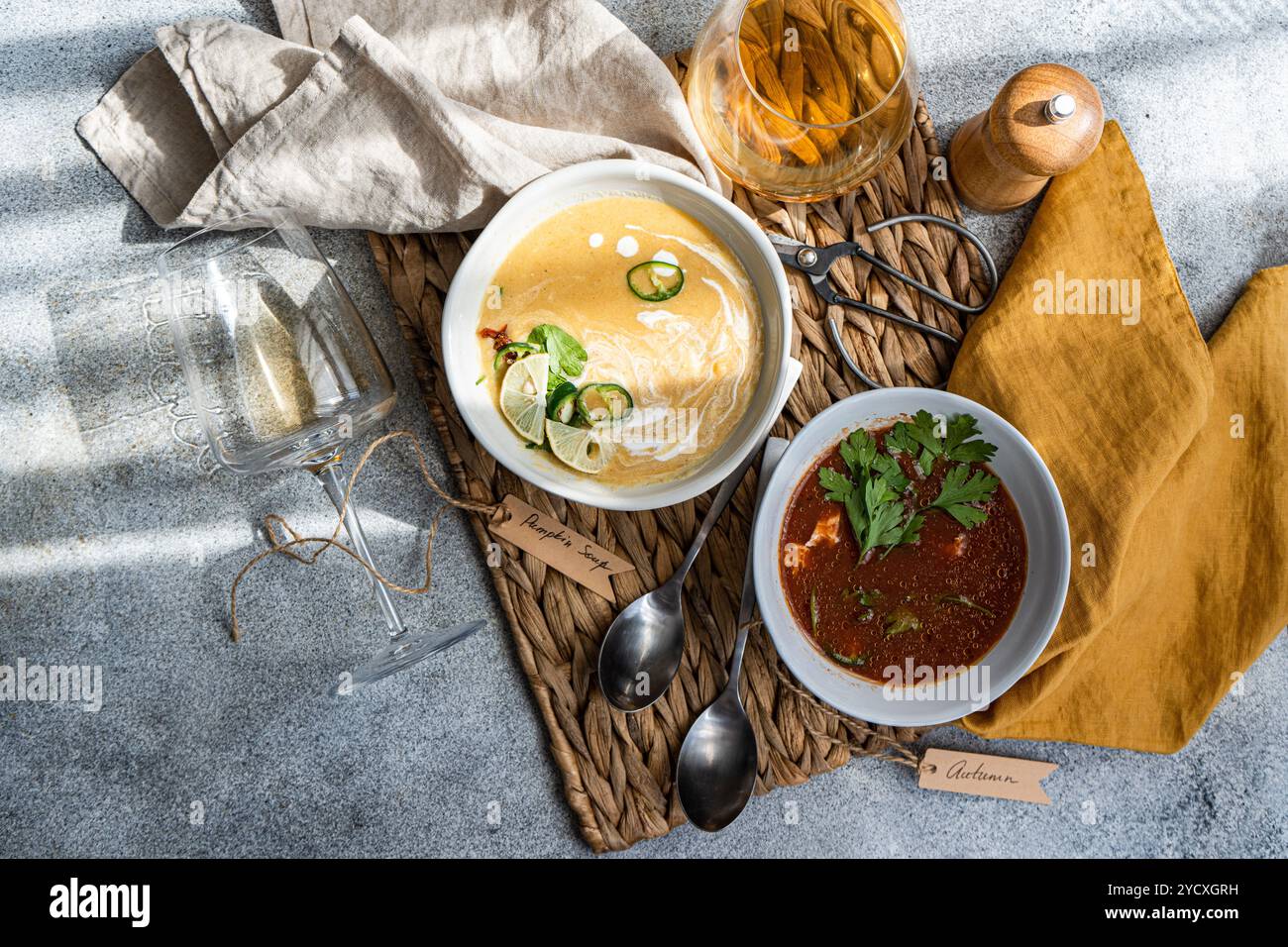 Vue de dessus de deux bols de riches soupes de tomates et de citrouille crémeuses, garnies d'herbes fraîches, de piments et de tomates frites, accompagnées d'un gl froid Banque D'Images