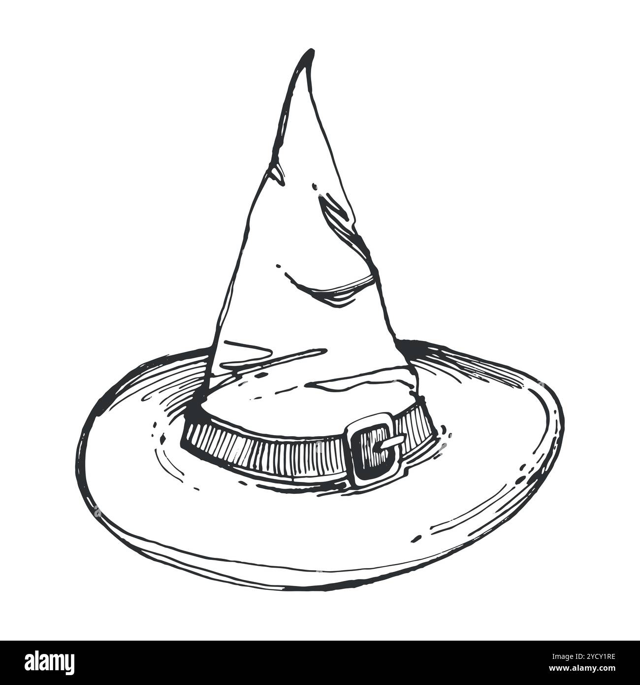 Chapeau de sorcière ou de sorcier avec ceinture, dessiné à la main à l'encre noire sur fond blanc. Illustration vectorielle, chapeau. Illustration pour Halloween, impression sur cartes Illustration de Vecteur