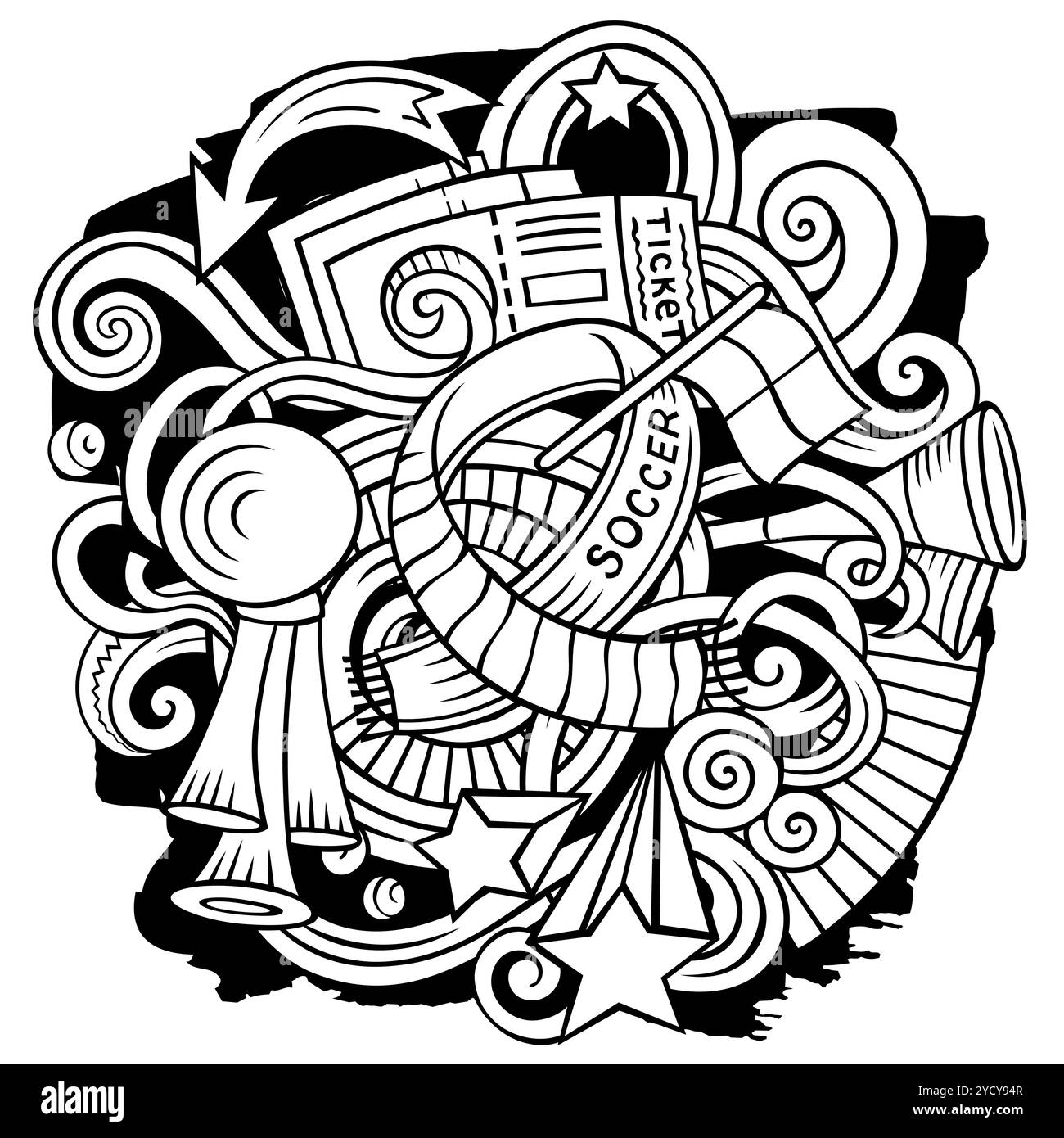 Dessin animé vectoriel de dessins de football illustration.Dessin au trait, détaillé, avec beaucoup d'arrière-plan d'objets.Tous les objets sont séparés.Football image drôle Illustration de Vecteur