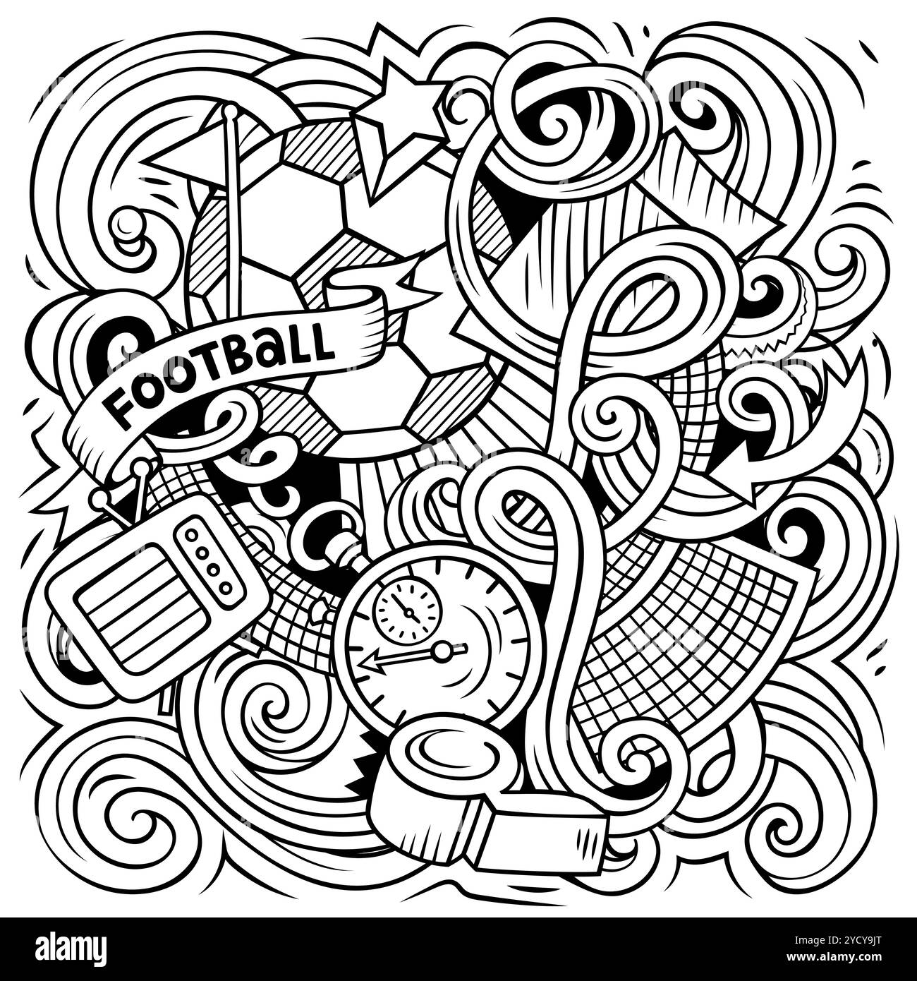 Dessin animé vectoriel de dessins de football illustration.Dessin au trait, détaillé, avec beaucoup d'arrière-plan d'objets.Tous les objets sont séparés.Football image drôle Illustration de Vecteur