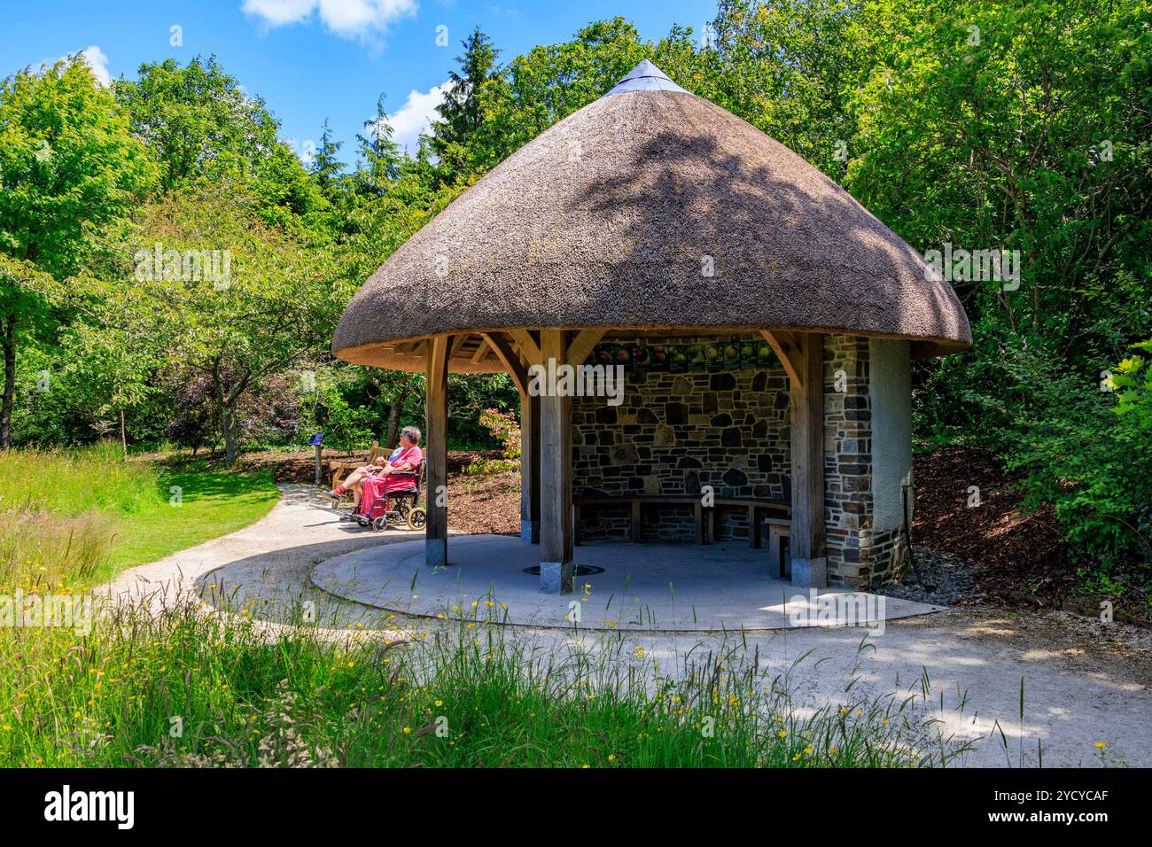 Une dame en fauteuil roulant est assise au soleil à côté d'un abri rond au toit de chaume dans le potager à RHS Rosemoor, North Devon, Angleterre, Royaume-Uni Banque D'Images