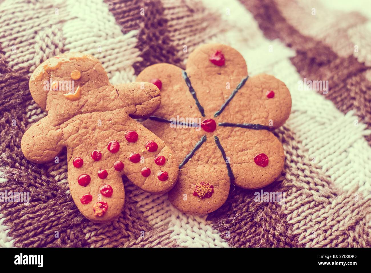 Biscuit en pain d'épices sur un pull. Produit savoureux à base de farine. Nourriture Banque D'Images