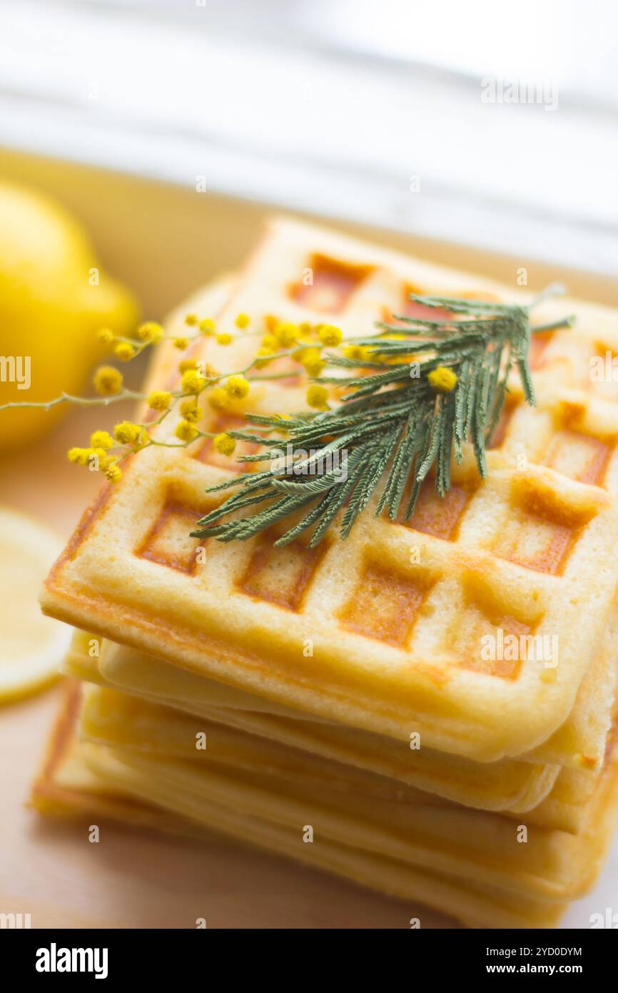 Gaufrettes viennoises empilées et tranchées de citron. Citron tranché sur une planche de bois. Les fruits sont hachés. Citron aigre. Banque D'Images