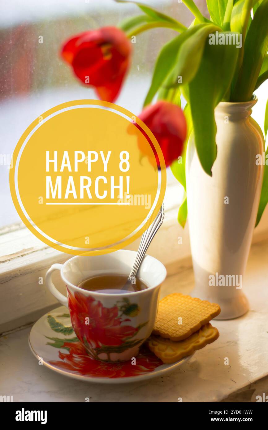 Carte postale joyeuse le 8 mars. Carte de voeux pour les vacances. Journée internationale de la femme. Vacances pour les filles. Banque D'Images