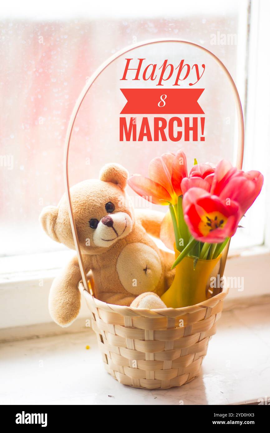 Carte postale joyeuse le 8 mars. Carte de voeux pour les vacances. Journée internationale de la femme. Vacances pour les filles. Banque D'Images