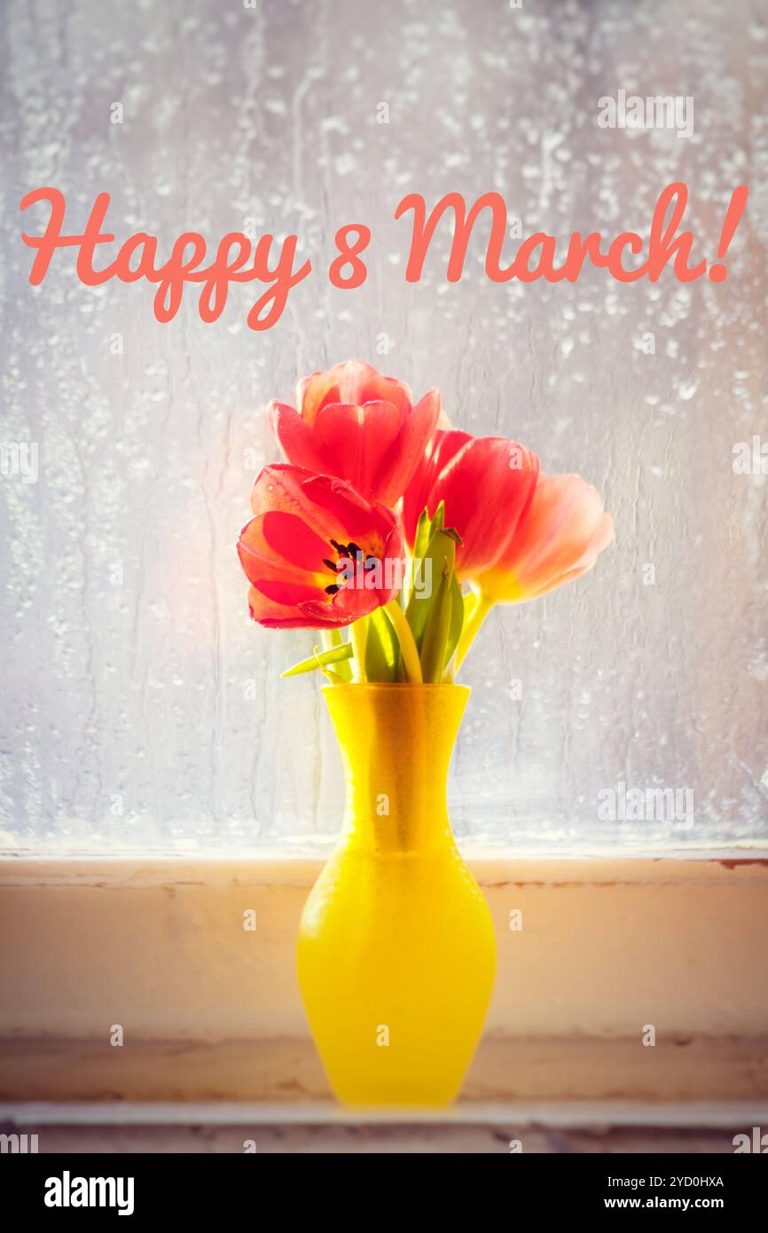 Carte postale joyeuse le 8 mars. Carte de voeux pour les vacances. Journée internationale de la femme. Vacances pour les filles. Banque D'Images