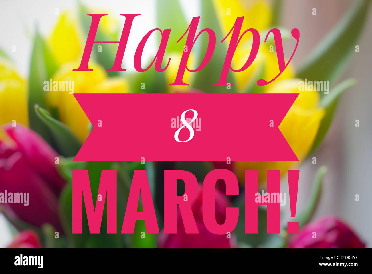 Carte postale joyeuse le 8 mars. Carte de voeux pour les vacances. Journée internationale de la femme. Vacances pour les filles. Banque D'Images