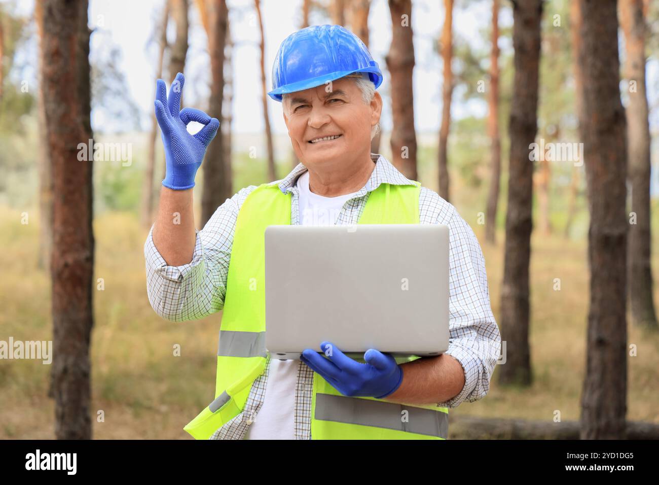 Forestier senior avec ordinateur portable montrant OK dans la forêt Banque D'Images